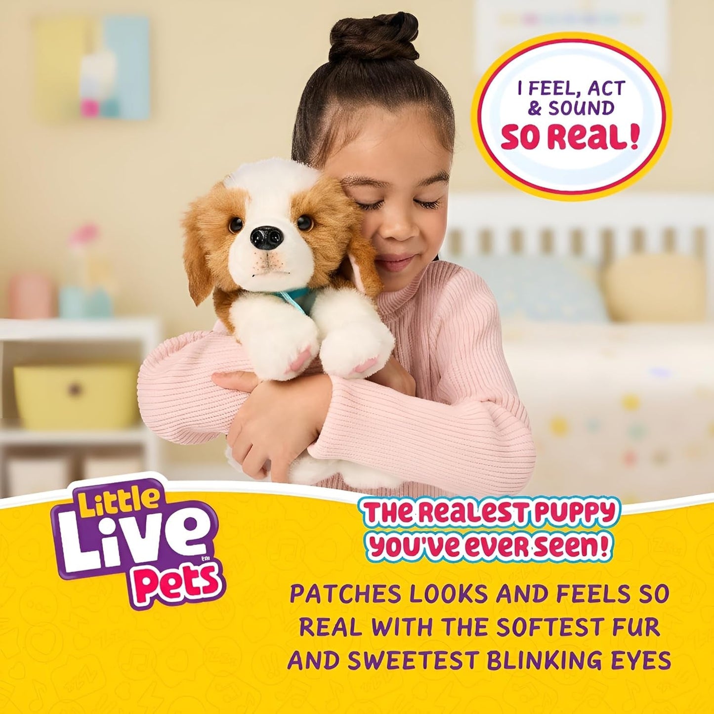 Little Live Pets My Really Real Puppy – Patches; Interaktivní štěně; přes 60 zvuků/reakcí; realistický vzhled; 1 ze 72 variant; hrací set s taškou na přenášení; baterie jsou součástí balení; věk 5+
