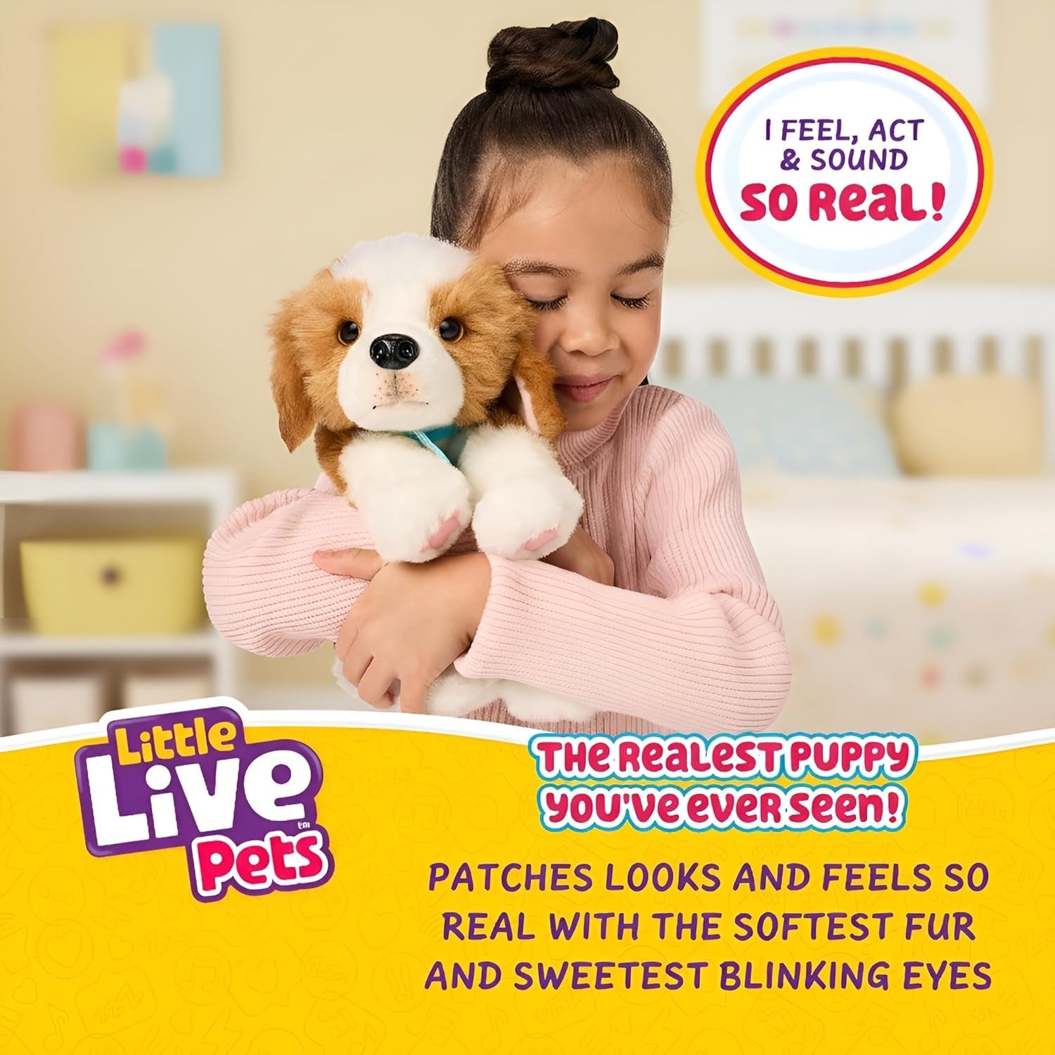 Little Live Pets My Really Real Puppy – Patches; Interaktivní štěně; přes 60 zvuků/reakcí; realistický vzhled; 1 ze 72 variant; hrací set s taškou na přenášení; baterie jsou součástí balení; věk 5+