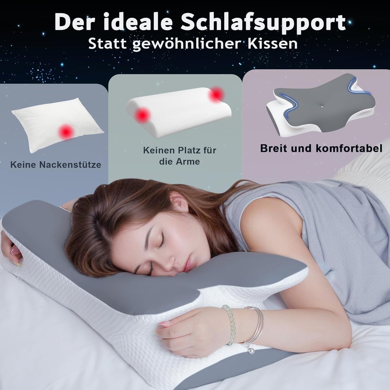 Polštář z paměťové pěny Polštář na krk Ortopedický polštář - Ergonomický design Dutý tvar pro postranní, zádové a žaludeční spáče Šedé krční ortopedické polštáře Naty Shop