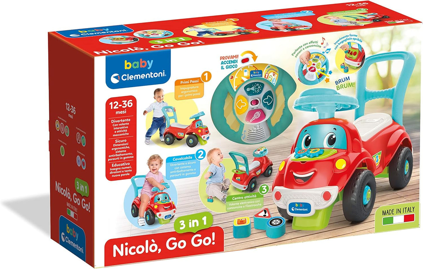 Clementoni - 17747 - Nicolò Go Go 3 v 1 - Jezdecké auto, elektronický výukový reproduktor, první krůčky, světla a zvuky, hra pro 1 rok - Made in Italy Bebe Toys Naty Shop