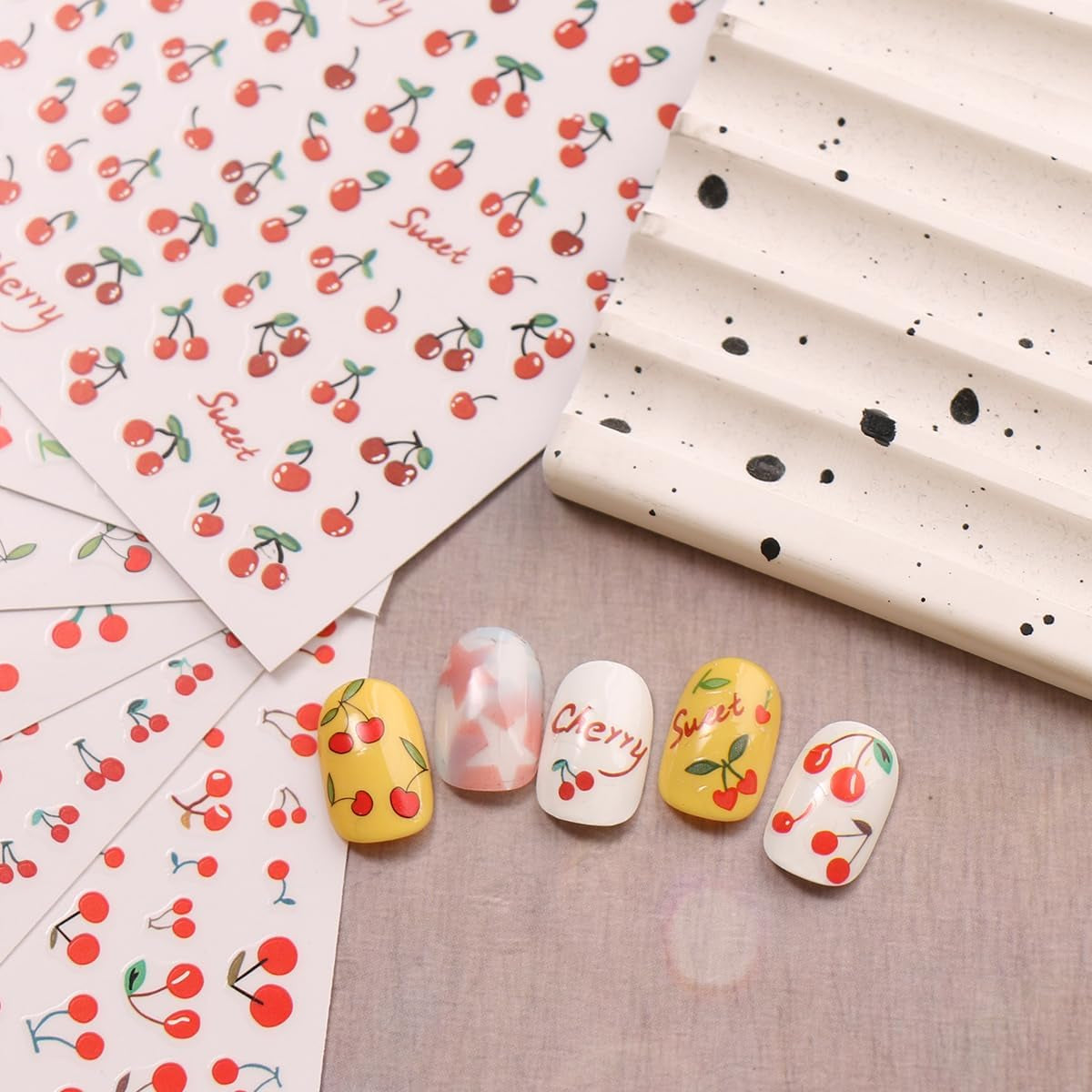 JMEOWIO Nálepka na nehty Kirschfrucht 6 Blatt Nálepka na nehty Selbtklebend Nagelaufkleber Dekoration Nageldesign Zubehör