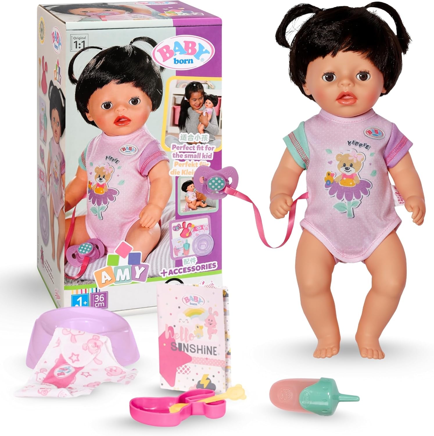 BABY Born Amy - 36 cm panenka - Dětská panenka se 7 funkcemi pro batolata od 1 roku - Funguje bez baterií - Včetně příslušenství a matrace