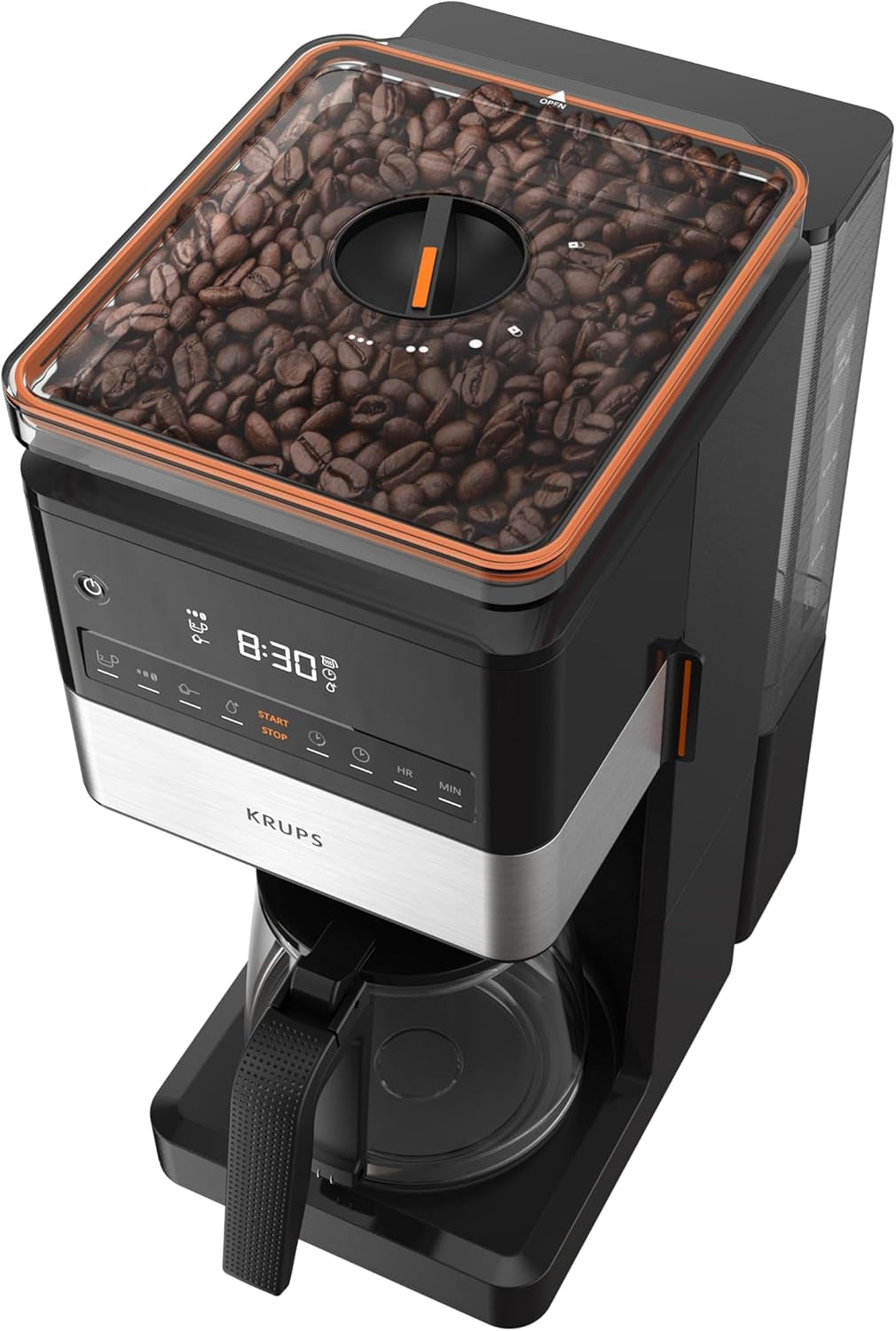 Espresso kávovar KRUPS Grind Aroma XL, odnímatelný kónický mlýnek, digitální ovládací panel, kapacita XL (1,5 l), funkce udržování teploty, skleněná karafa, černá/nerezová ocel, KM842810