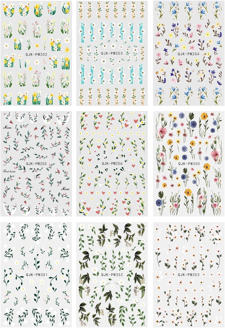 JMEOWIO Samolepka na nehty Bunte Blumen 9 Blatt Samolepka na nehty Selbtklebend Nagelaufkleber Frühling Letní Blumen Dekorace Nageldesign Zubehör