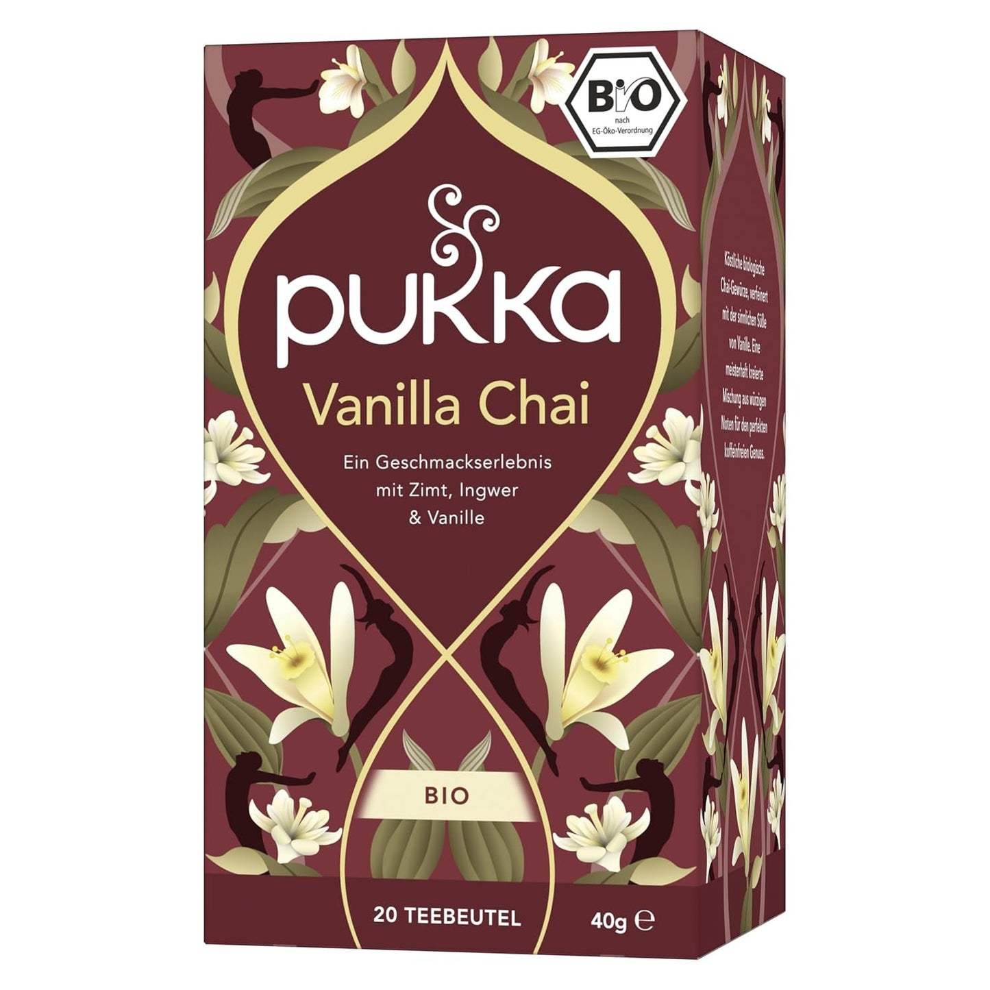 Pukka | Směs organických ochucených čajů "Vanilla Chai" | Skořice, zázvor a vanilka | Čaj pro pochoutku s přírodní sladkostí | Balení po 1 | 20 čajových sáčků