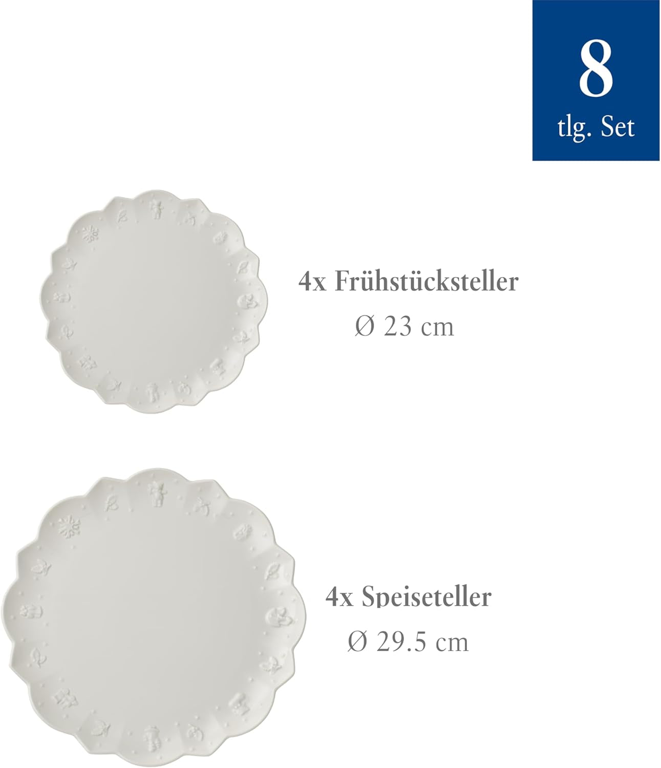 Villeroy & Boch Toy's Delight Royal Classic 8dílná sada nádobí, vhodné do myčky a mikrovlnné trouby, bílé, talíře, sada nádobí pro 4 osoby, vánoční nádobí, hračky, prémiový porcelán