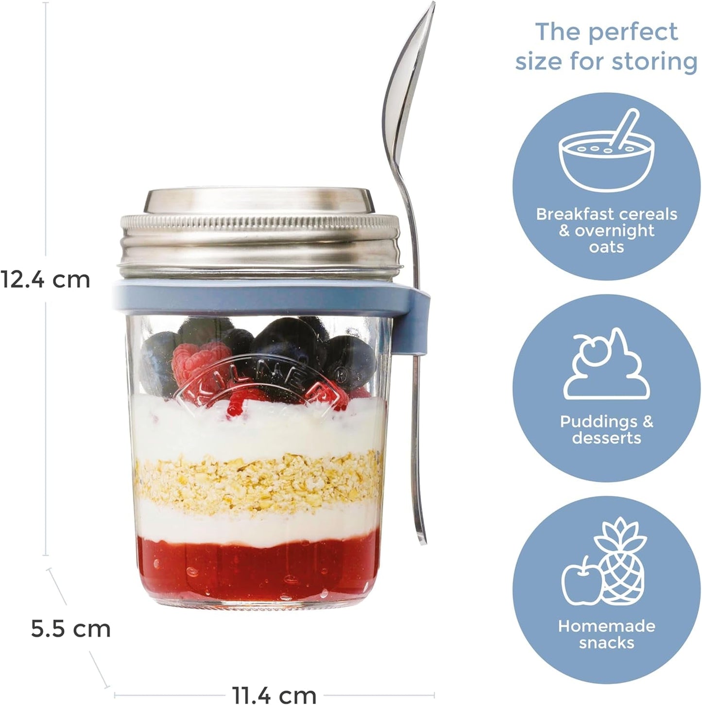 Snídaňová dóza Kilner se lžičkou / 350 ml, Ø 9,5 cm / 5 kusů | kelímek na müsli s sebou / netoxický / skleněná nádoba s víkem na müsli, kaši a jogurt / nádoba na oves na noc Naty Shop Boxy na skladování potravin