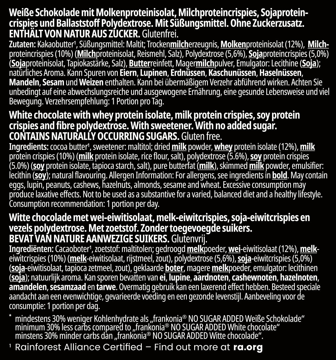 frankonia CHOCOLAT POWER MOTION bez přidaného cukru - Křupavá bílá čokoláda s vysokým obsahem bílkovin a nízkým obsahem sacharidů, 90 g