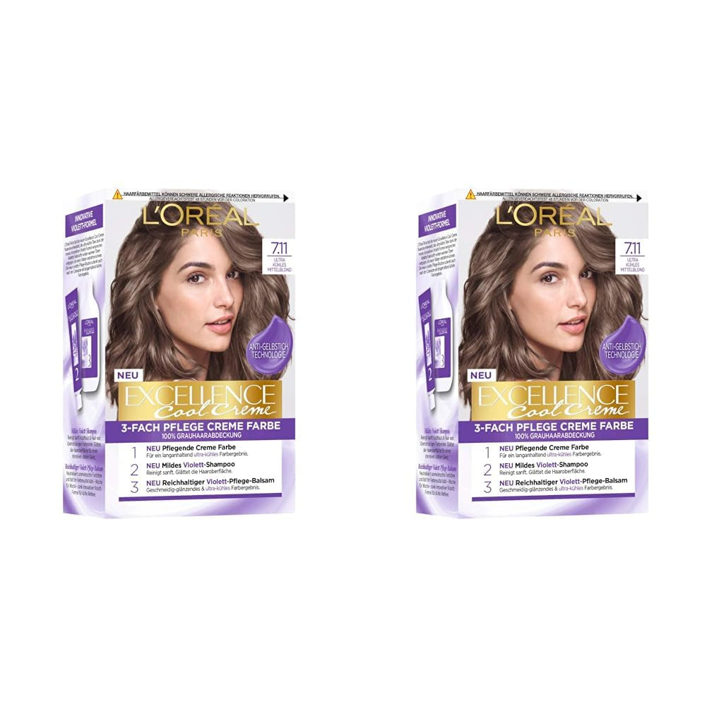 L'Oréal Paris Permanentní barva na vlasy s ultra studeným barevným výsledkem, 100% krytí šedivých vlasů, sada s barvením, šamponem a pečujícím krémem, Excellence Cool Creme, č. 7.11 Ultra Cool Medium Blonde (Blond) Naty Shop Hair Dye Výchozí název