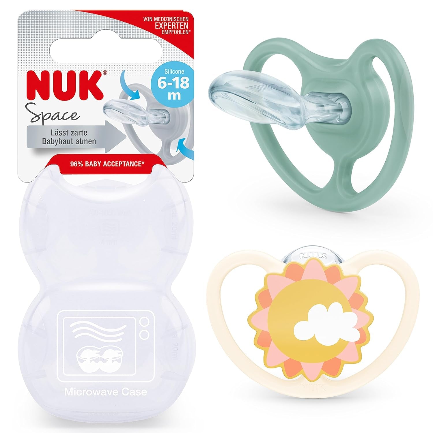 NUK Space dětský dudlík 6-18 měsíců, extra velké otvory pro citlivou pokožku, silikon bez BPA, vzor Zebra, 2 balení