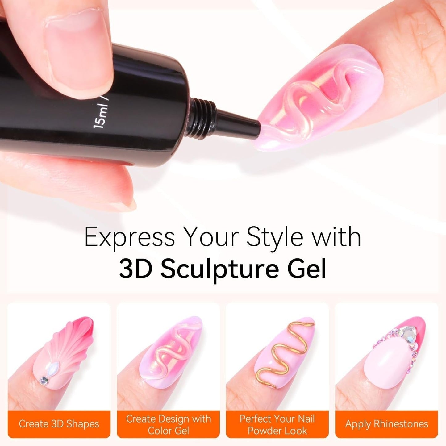 Makartt 3D Nail Art Gel - Kamínkový lepicí gel 15G na klíčenky na nehty, Multifunkční gel na tvarování nehtů pro vlastní úpravu nehtů, modeláž nehtů na modeláž nehtů doma (transparentní)