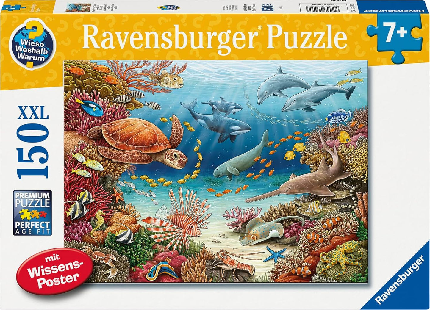 Dětské puzzle Ravensburger 13411 - Mořská stvoření na korálovém útesu - Proč? Proč? Proč? Puzzle 150 dílků XXL + vědomostní plakát, pro děti od 7 let Puzzle Naty Shop Výchozí název