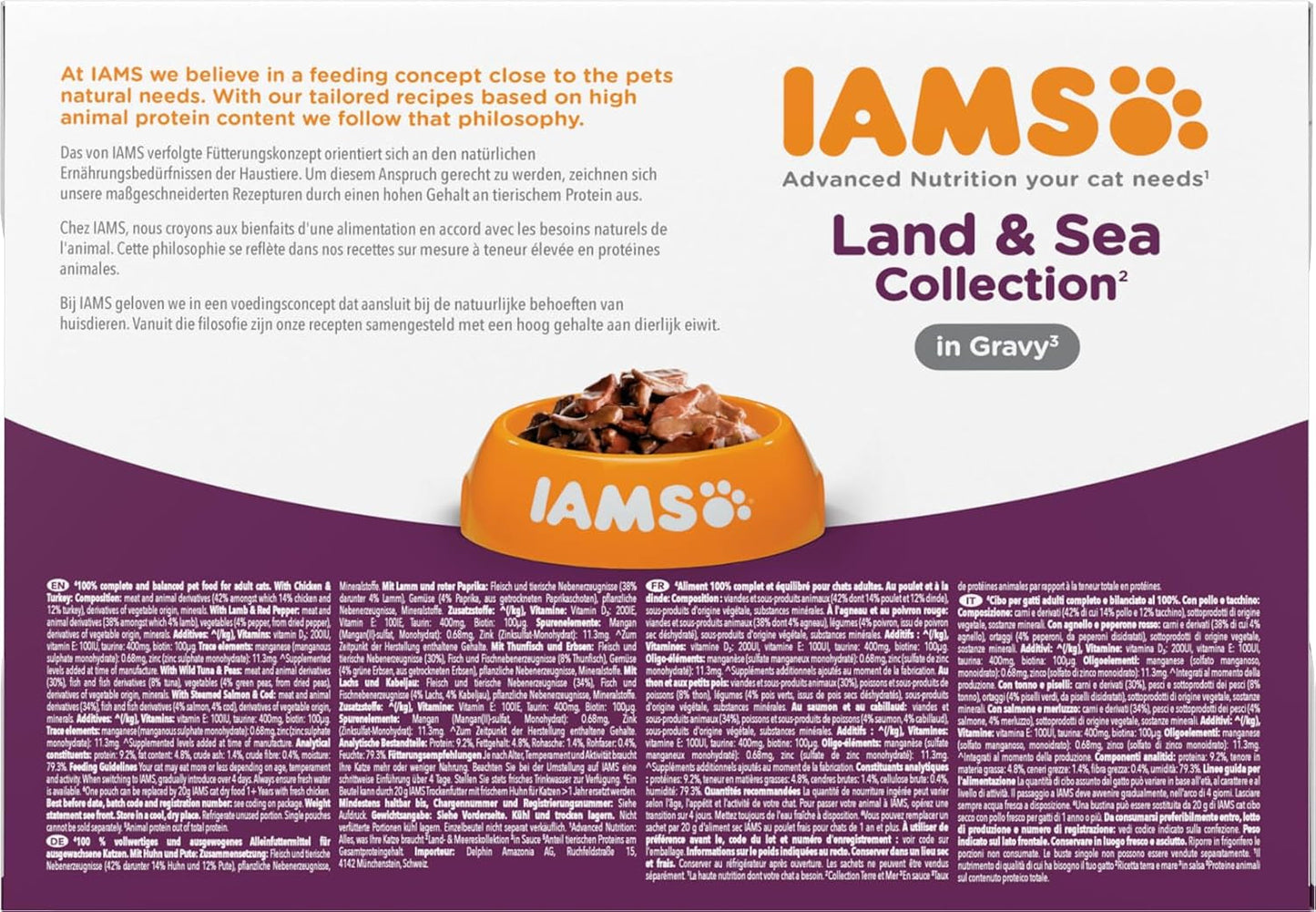 Mokré krmivo pro kočky IAMS Delights Land & Sea Collection - vícenásobné balení masa a ryb v omáčce, mokré krmivo pro kočky od 1 roku, 12 x 85 g