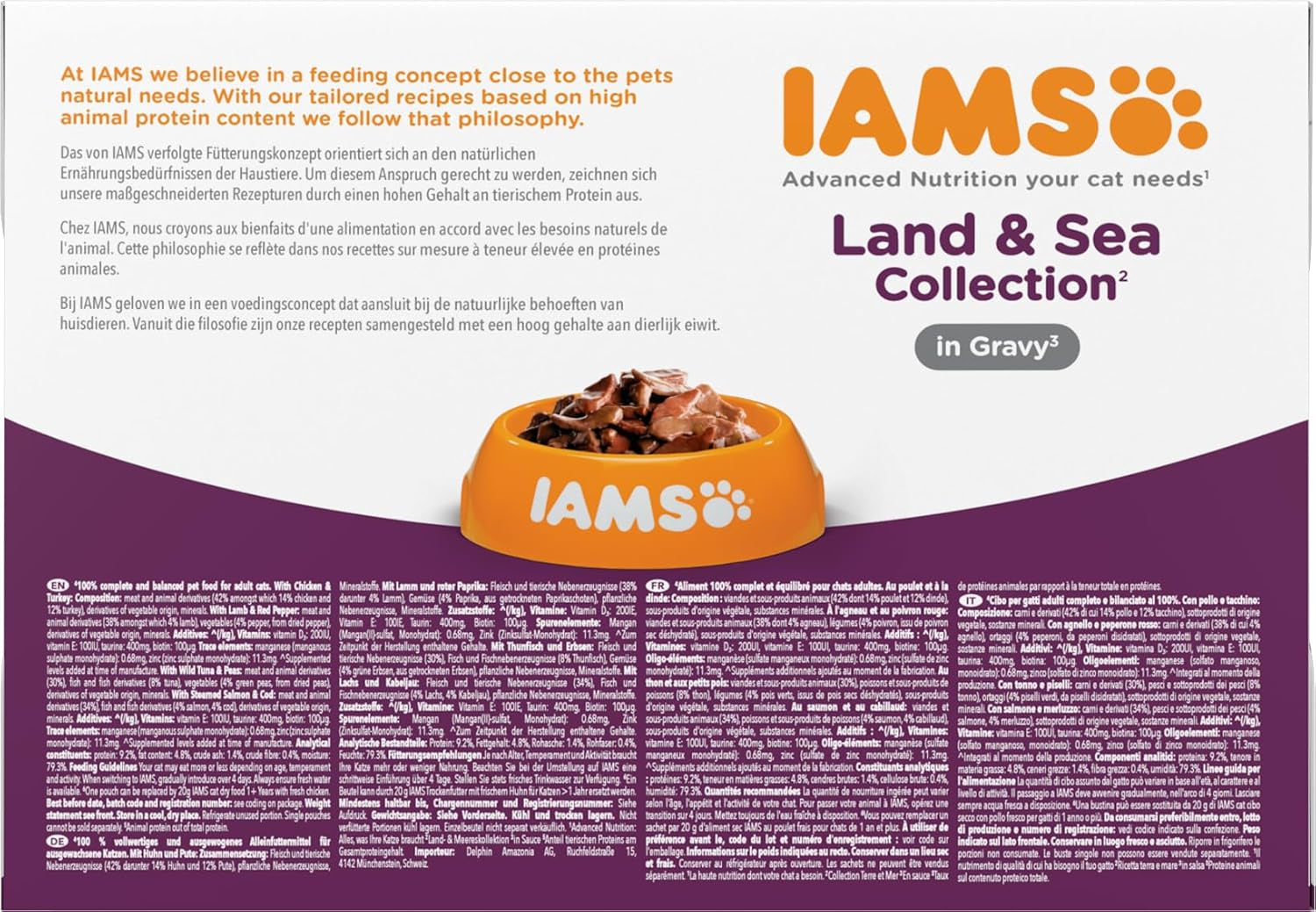 Mokré krmivo pro kočky IAMS Delights Land & Sea Collection - vícenásobné balení masa a ryb v omáčce, mokré krmivo pro kočky od 1 roku, 12 x 85 g