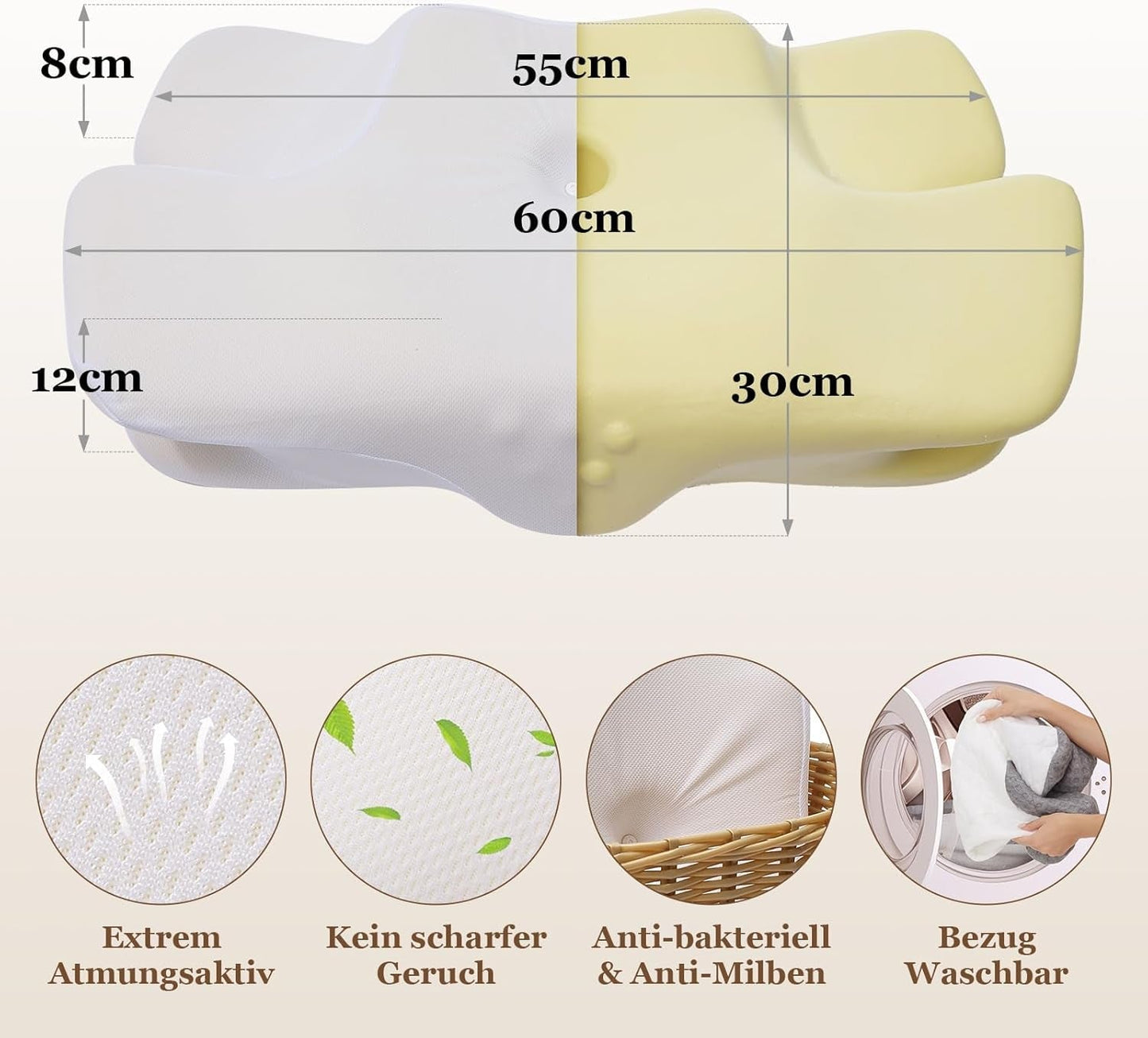 Wellsync Neck Polštář Ergonomický Polštář Paměťová pěna Polštář Ortopedický Polštář pro postranní spáče Zádový spánek Bolesti žaludku Bílá Šedá Krční ortopedické polštáře Naty Shop