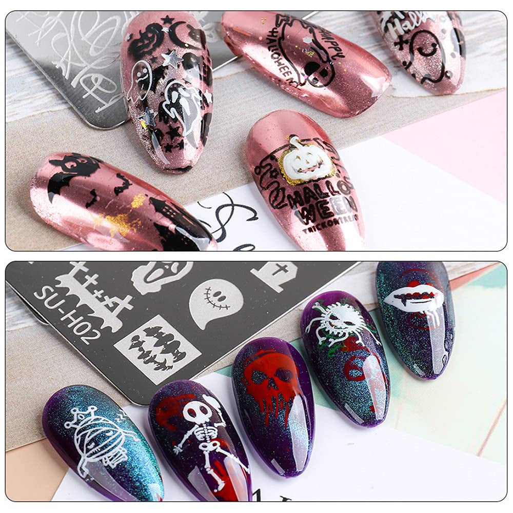 JMEOWIO Šablony na razítkování nehtů Halloween 6 Stück Nagelstempel Šablony Nail Art Dekorace Nageldesign Zubehör Böse Gruselige Kürbis-Geisterhexe