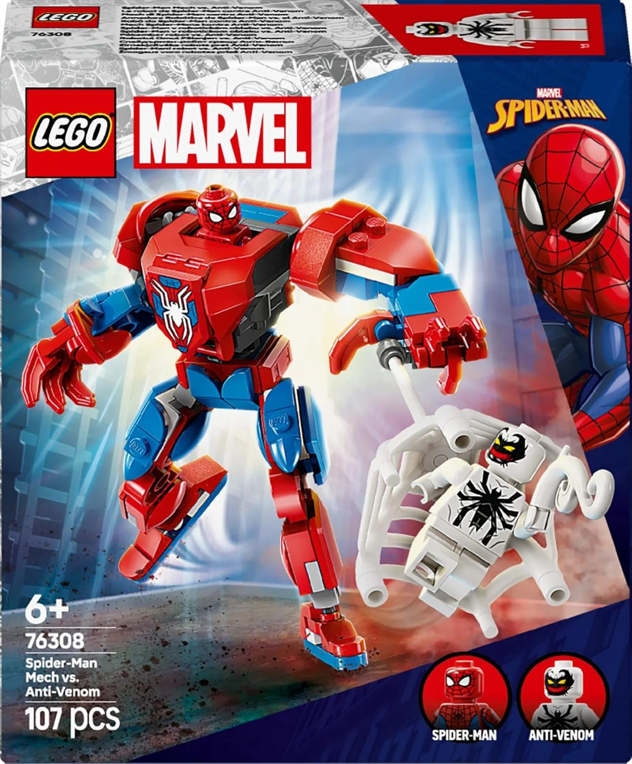 LEGO Marvel Spider-Man Mech vs. Anti-Venom - Superhrdinská hračka se 2 minifigurkami - Akční figurka s pohyblivými pažemi, nohama a prsty - Dárek pro chlapce a dívky Věk 6+ 76308 Stavebnice Besuche den LEGO-Store