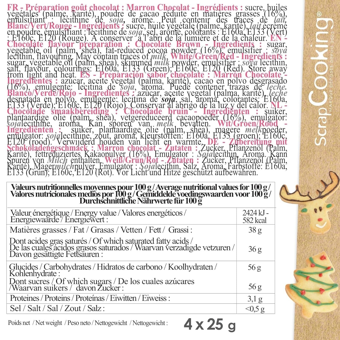 Scrapcooking - Sada 4 vánočních čokoládových pastelek - hnědá, bílá, zelená a červená - Jedlé barvivo - Potravinářské barvivo pro psaní - Psaní a kreslení na dezerty, dorty a sušenky - 7060