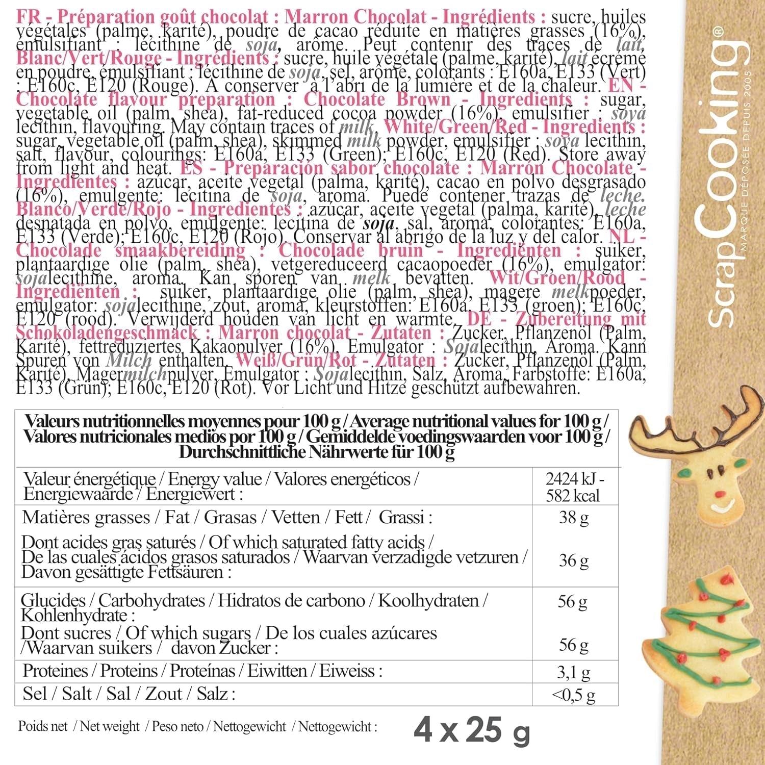 Scrapcooking - Sada 4 vánočních čokoládových pastelek - hnědá, bílá, zelená a červená - Jedlé barvivo - Potravinářské barvivo pro psaní - Psaní a kreslení na dezerty, dorty a sušenky - 7060