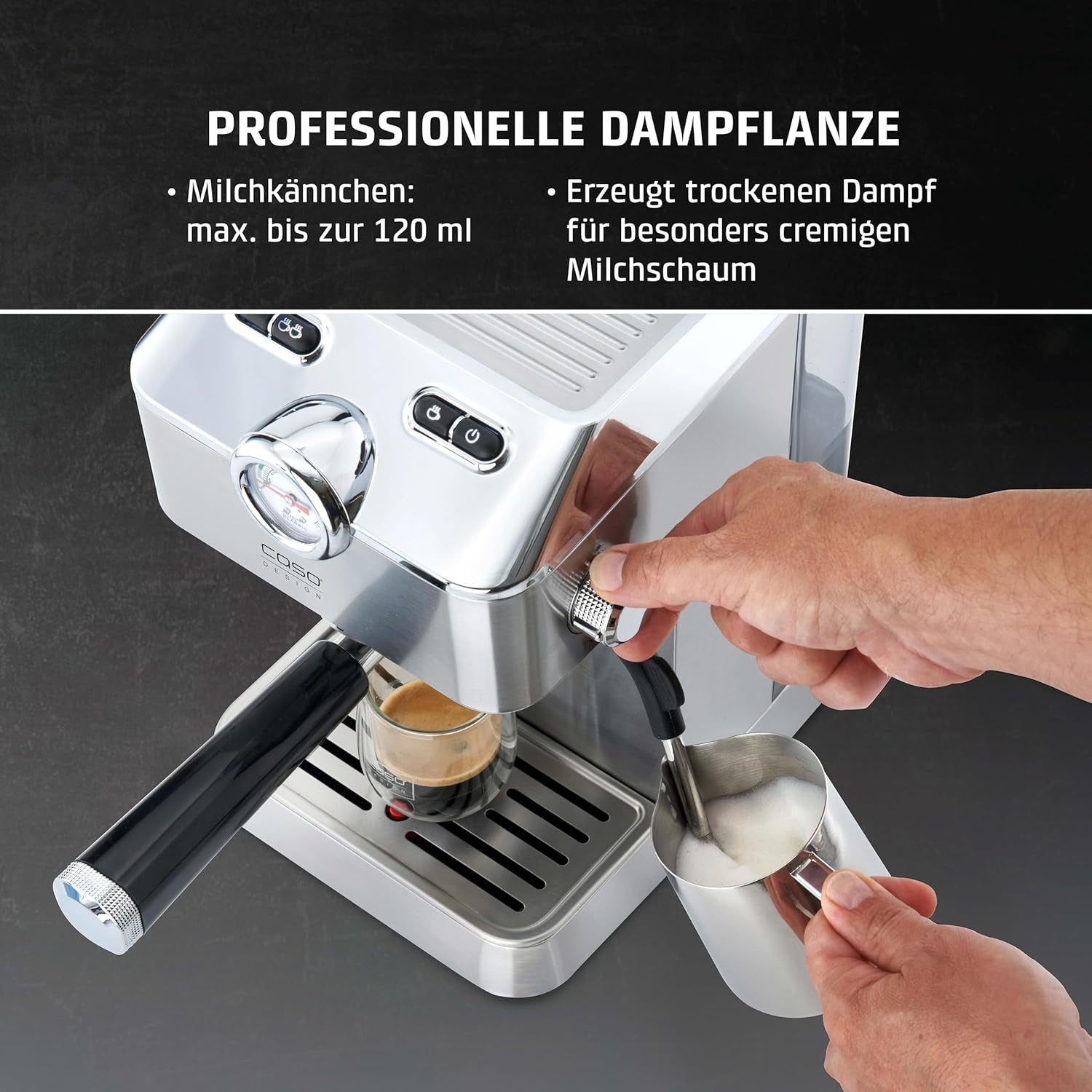 Caso Espresso Gourmet – Nerezový Portafilter Espresso kávovar, výkonná 19barová pumpa Ulka, s napěňovačem mléka, pro mletou kávu nebo kapsle ESE, na 2 šálky, s ohřívačem šálků