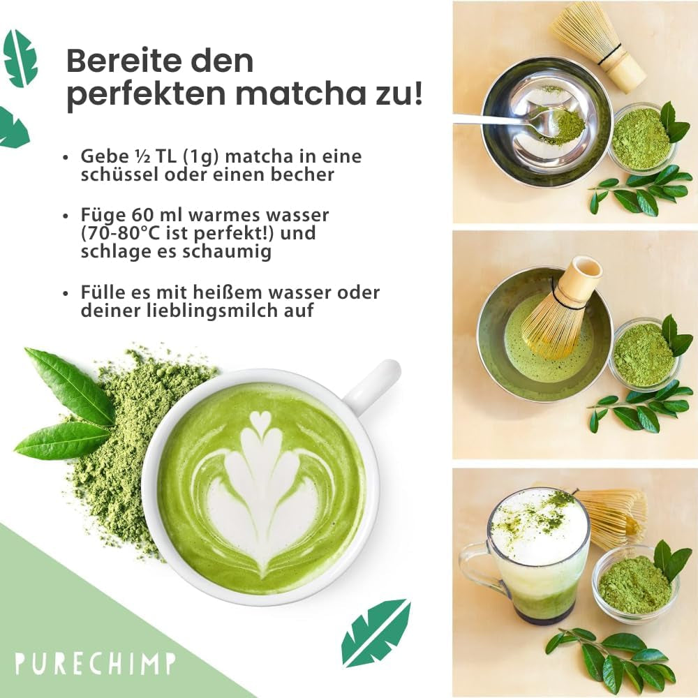 Purechimp Ceremonial Grade Matcha Powder 50g. 100% čistý čajový prášek pěstovaný ve stínu pro latté, nálevy a receptury. Recyklovatelná nádoba. Bohaté na antioxidanty.