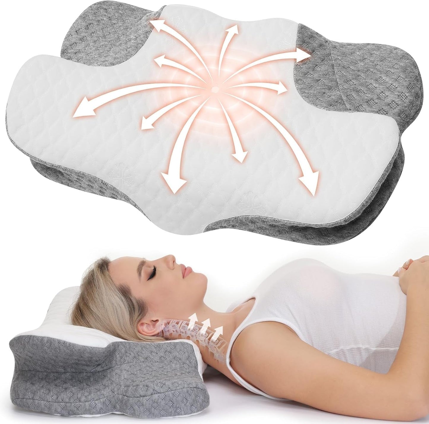 Wellsync Neck Polštář Ergonomický Polštář Paměťová pěna Polštář Ortopedický Polštář pro postranní spáče Zádový spánek Bolesti břicha Bílá Šedá Krční ortopedické polštáře Naty Shop Výchozí název
