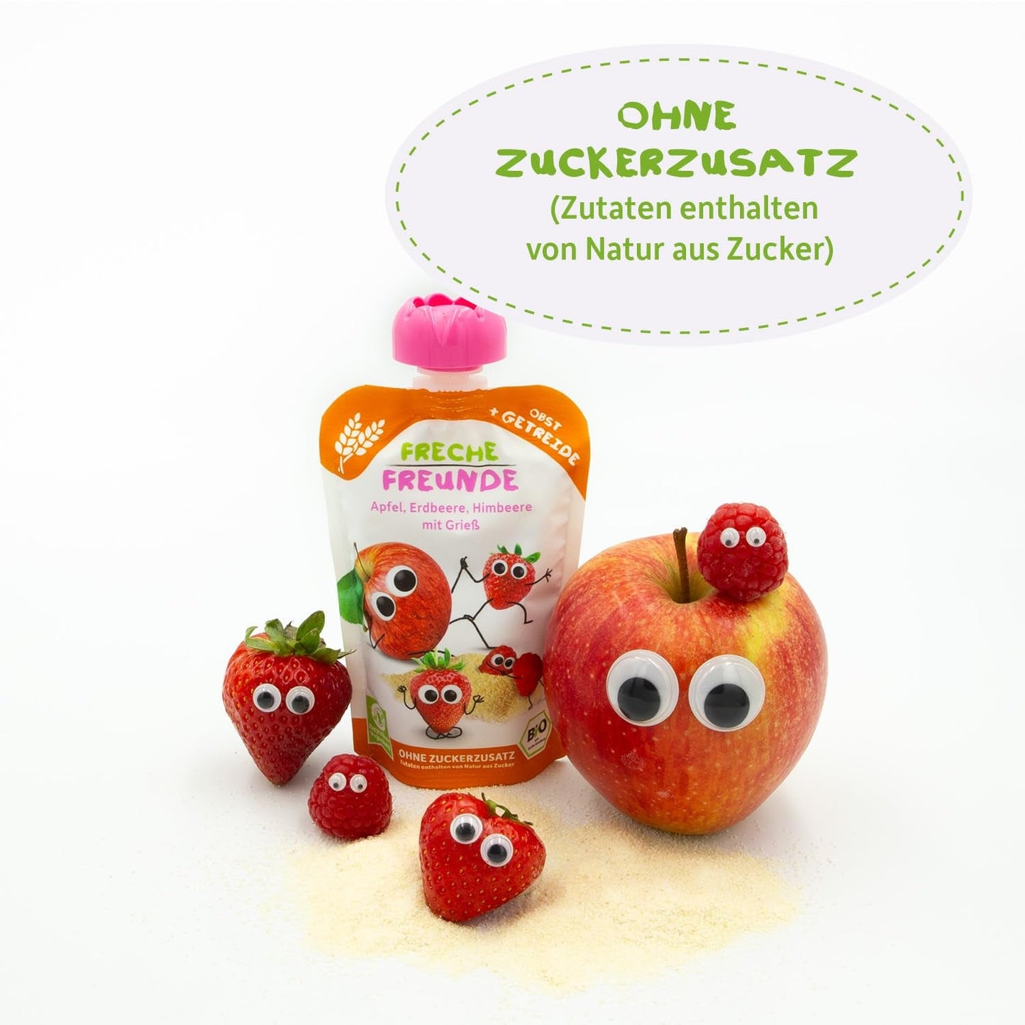 FRECHE FREUNDE Bio Quetschie Jablko, Erdbeere, Himbeere mit Grieß, Fruchtmus mit Getreide in Quetschbeutel für Baby from 6. Month, vegan, 6er Pack (6 x 100g)
