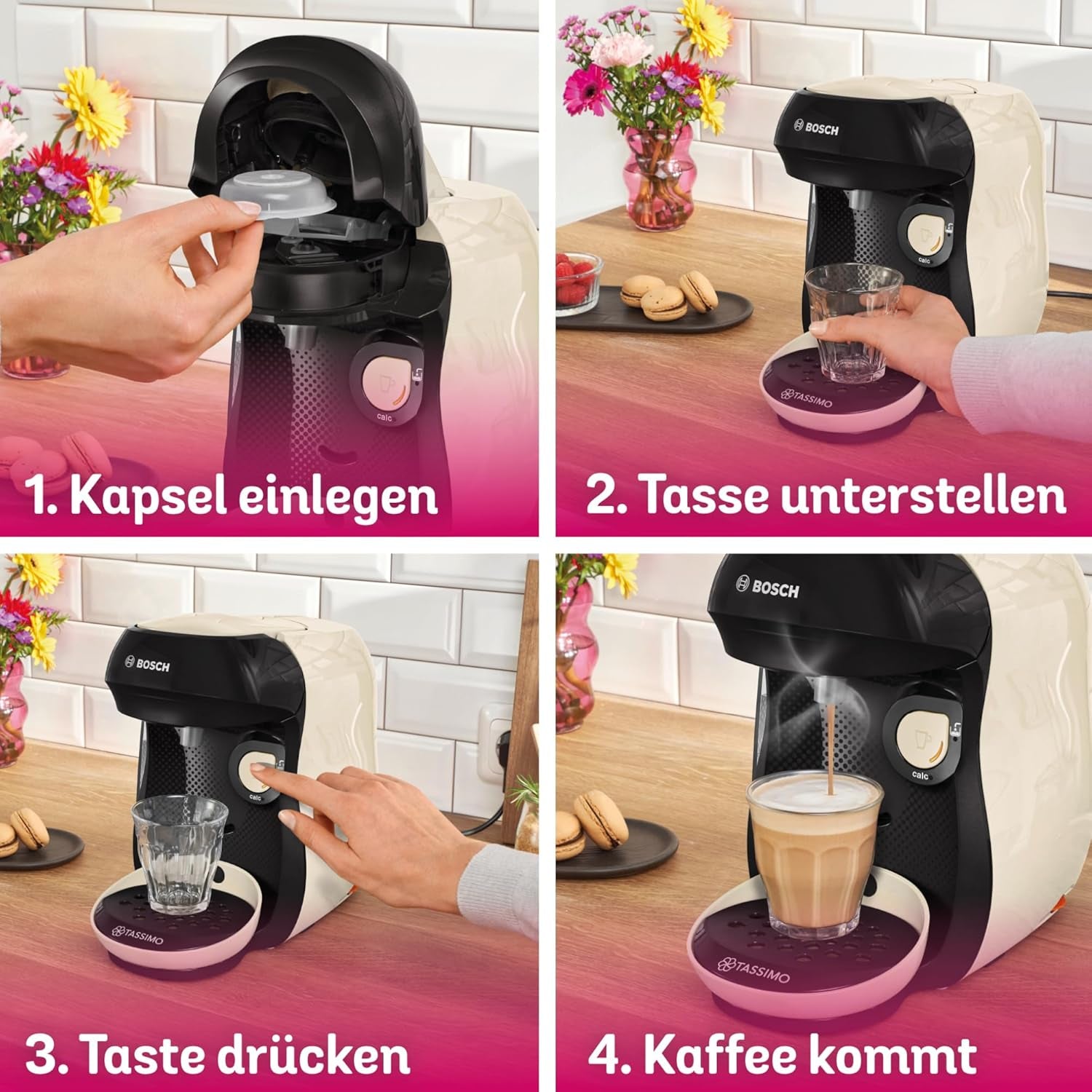 Bosch Tassimo Happy Friendly kávovar na kapsle TAS107E, 70+ nápojů, vhodný pro všechny šálky, Auto-Stop, udržitelný, perfektní dávkování, úspora místa, 1400 W, krémová/černá