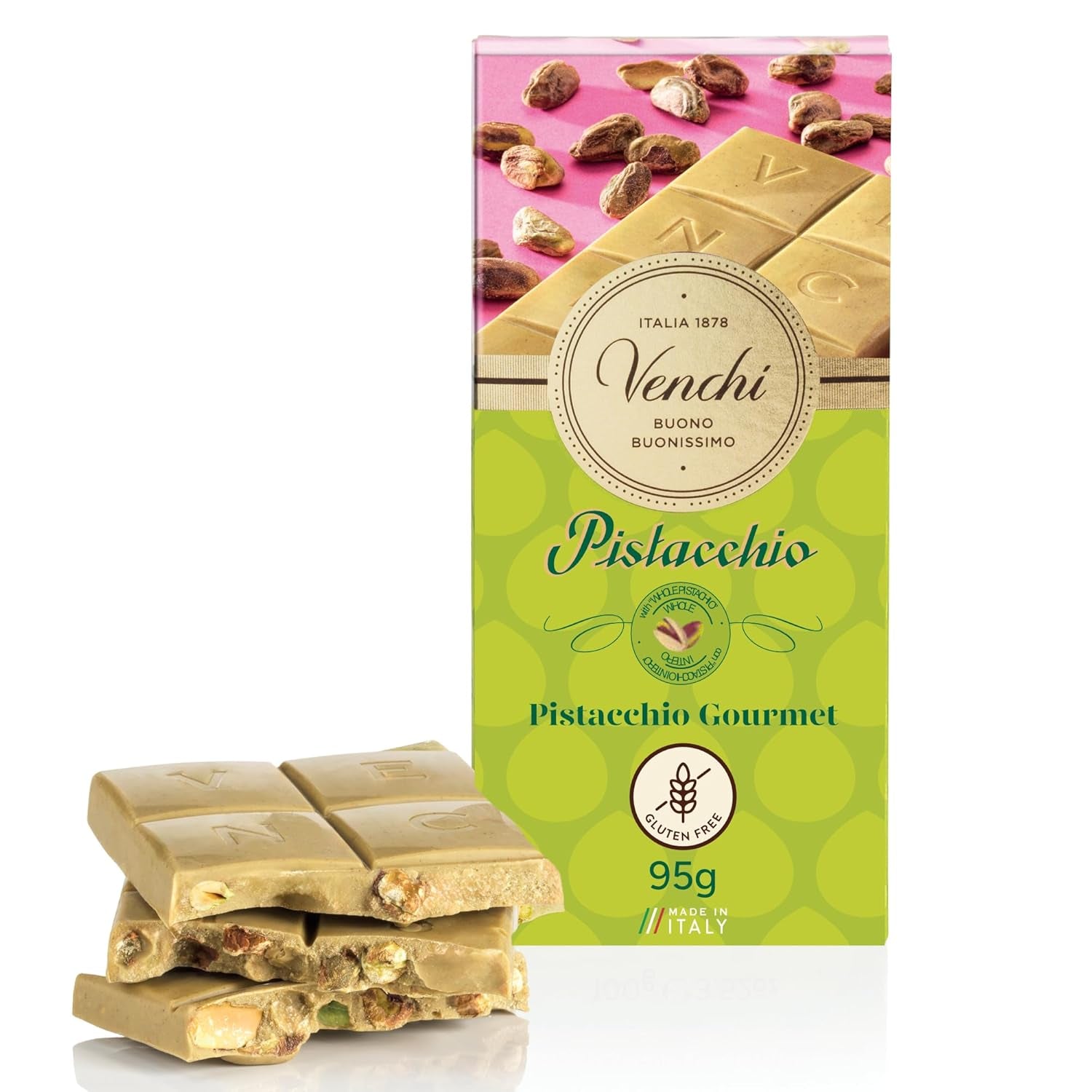 Venchi - Tyčinka z lískových oříšků, solené lískové ořechy, mandle a pistácie, 95 g, s "Piemontskými lískovými oříšky", bez lepku, bez umělých barviv a bez konzervantů