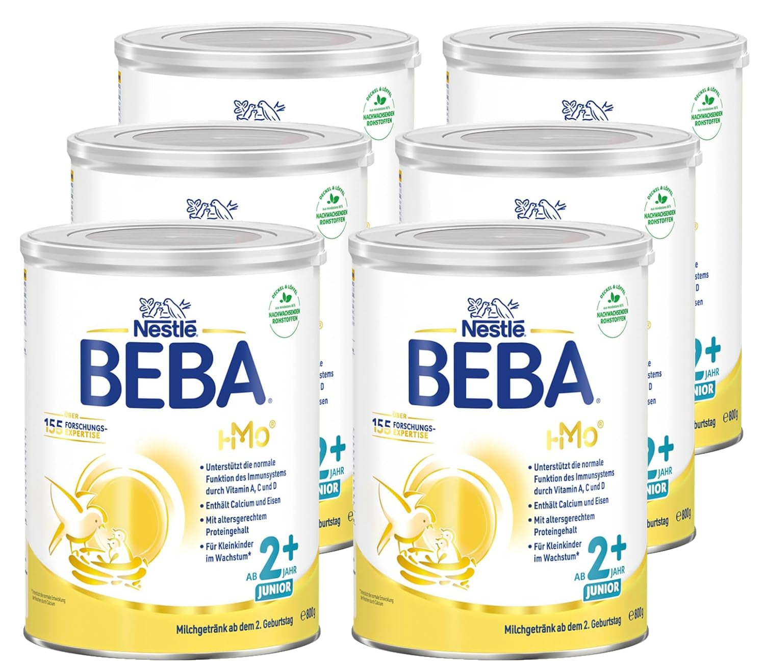 BEBA Junior 2+ mléčný nápoj od 2 let, S HMO, Obsah bílkovin odpovídající věku, Pouze laktóza, Bez palmového oleje, Bez rybího tuku, Výživa pro batolata, Sušené dětské mléko, Balení 6 ks (6 x 800 g)