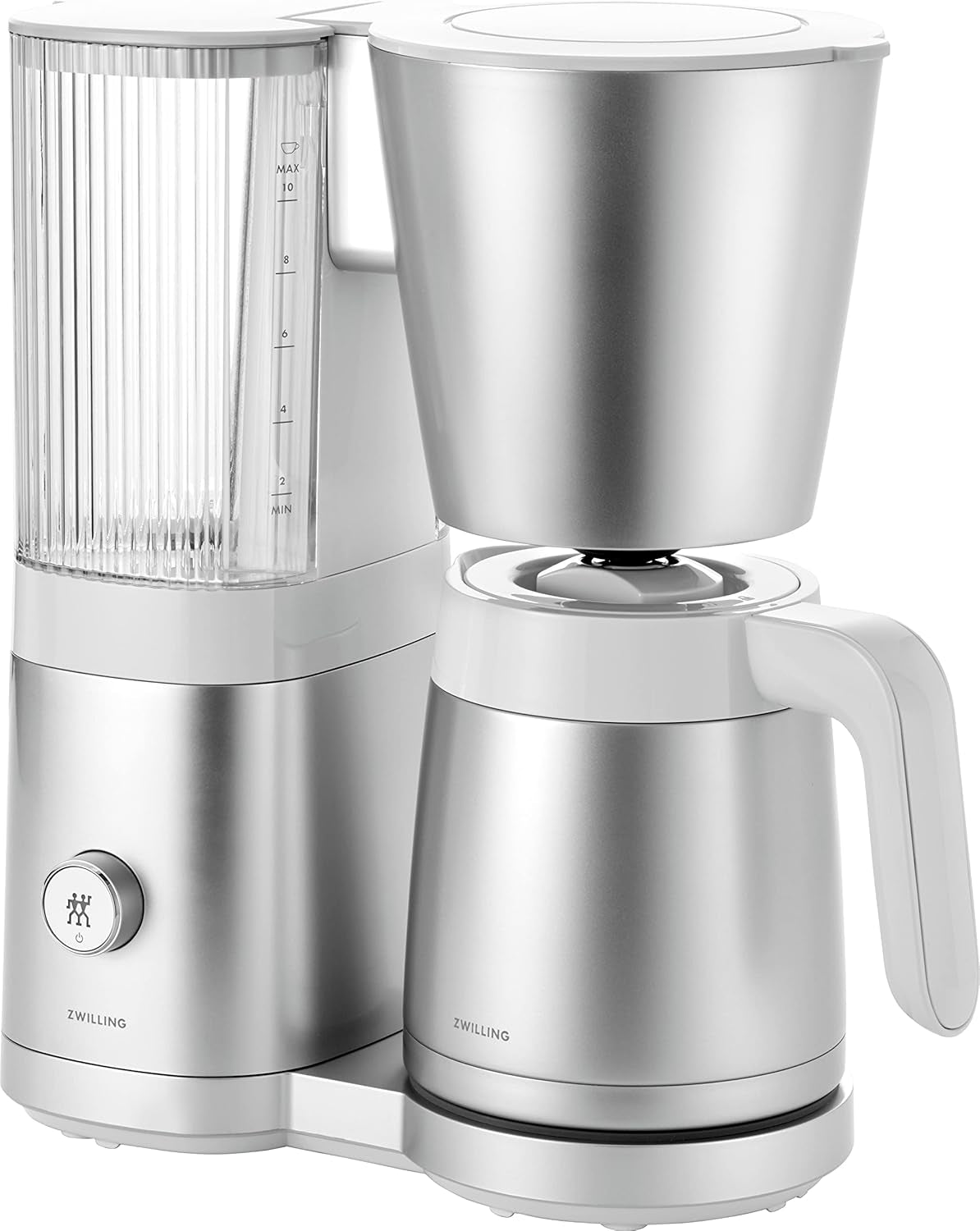 Espresso kávovar ZWILLING ENFINIGY s filtrem se skleněnou karafou o objemu 1,5 l, espresso kávovar s nerezovým bojlerem, funkcí kvetení a inteligentním odstraňováním vodního kamene, plast, stříbrná