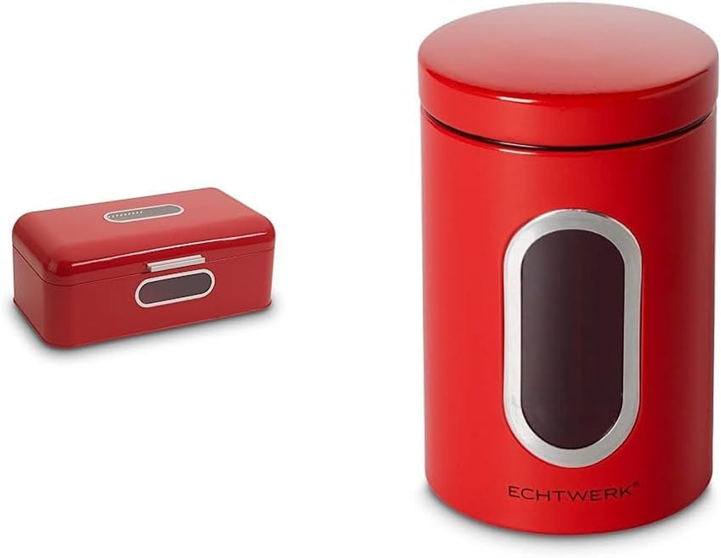ECHTWERK Retro kovová přihrádka na chléb s okénkem a víkem, sada 3 elegantních úložných boxů, objem 1,4 l, červené boxy na potraviny Naty Shop Červená velká úložná krabice