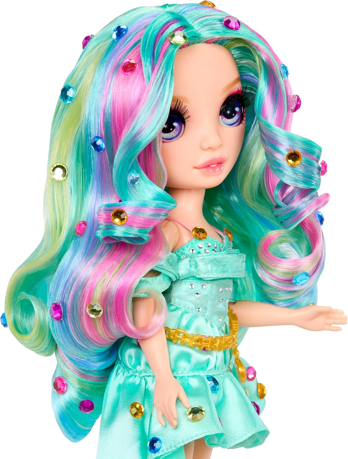 Módní panenka Rainbow High Be Dazzling - Celine Turquoise - modrozelená, 28 cm, s nástrojem na zdobení, třpytivými drahokamy a stylingovými doplňky