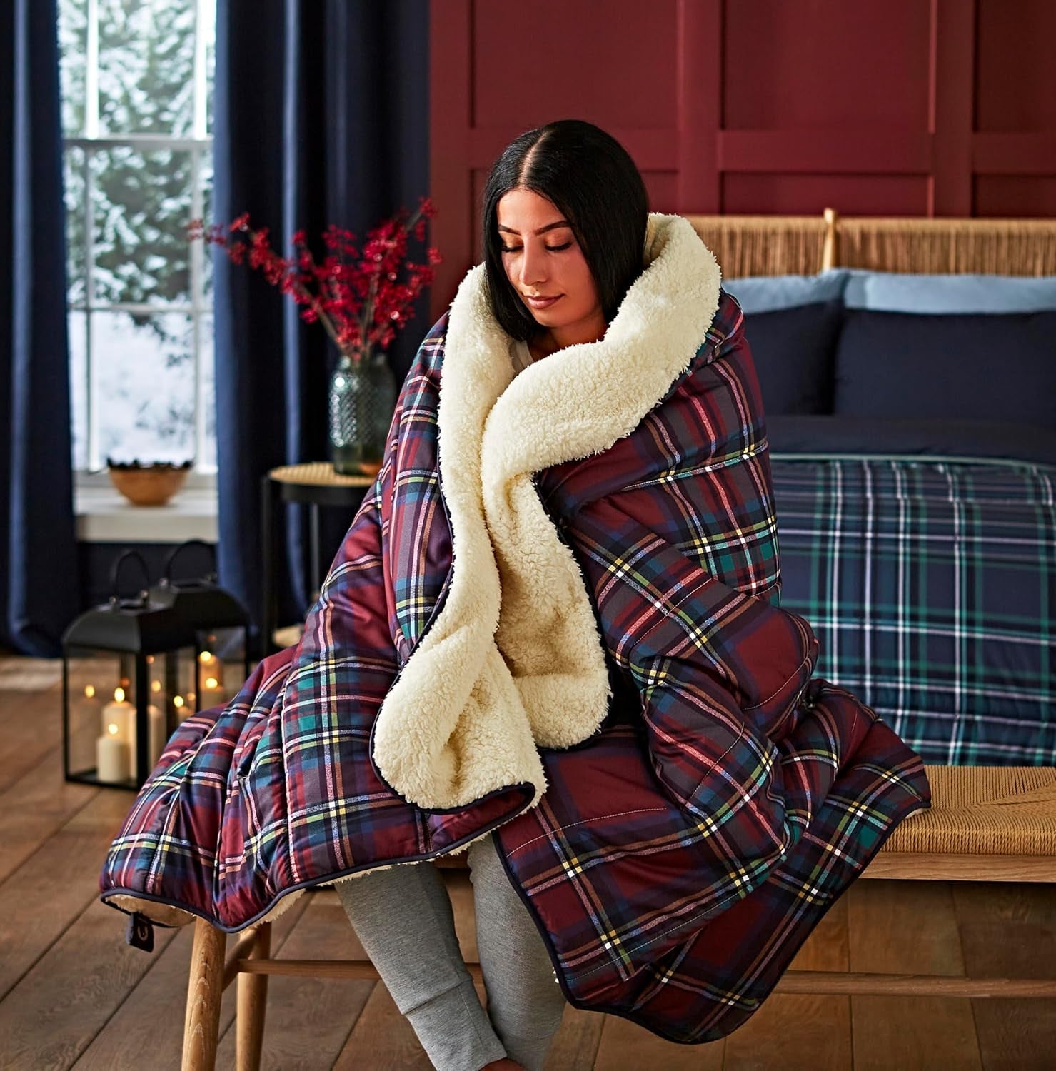 Night Lark Cozy Sherpa Fleece deka, klasický červený tartan, 9 Tog, luxusní, nadýchaná, silná a oboustranná, ideální na gauč, postel, gauč, gauč. Hypoalergenní, lze prát v pračce, Velikost: Postele a přikrývky Night Lark classic red tartan Jednolůžko