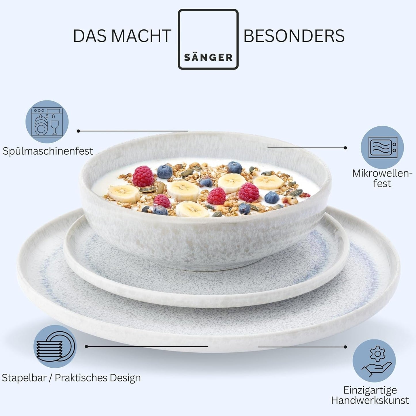 SANGER | 12dílná sada nádobí Santorini Sada talířů pro 4 osoby VELMI DOBŘE hodnocená Sada nádobí z kameniny včetně talířů, dezertních talířů a talířů Suma Krémově šeříkově modrý přechod | PRÉMIOVÁ KOLEKCE