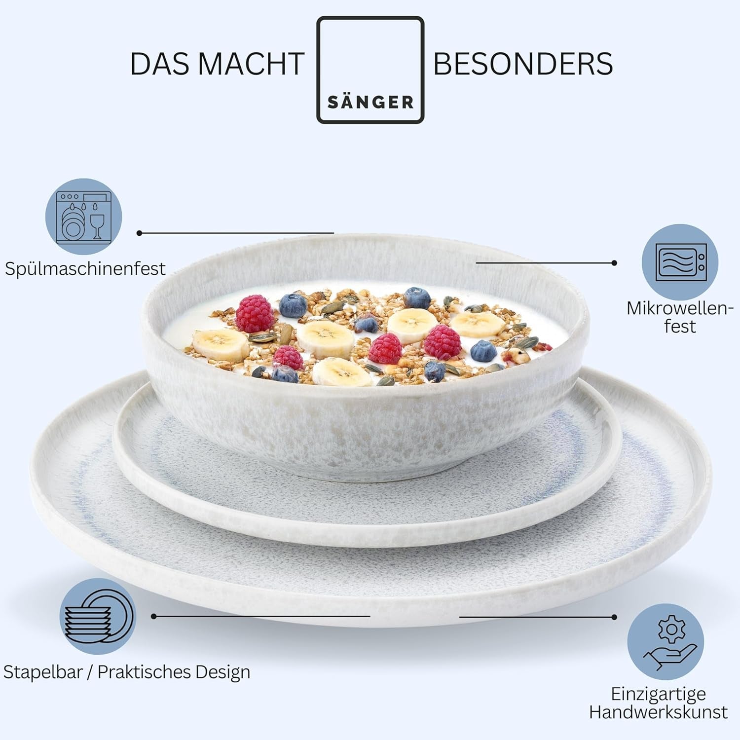 SANGER | 12dílná sada nádobí Santorini Sada talířů pro 4 osoby VELMI DOBŘE hodnocená Sada nádobí z kameniny včetně talířů, dezertních talířů a talířů Suma Krémově šeříkově modrý přechod | PRÉMIOVÁ KOLEKCE