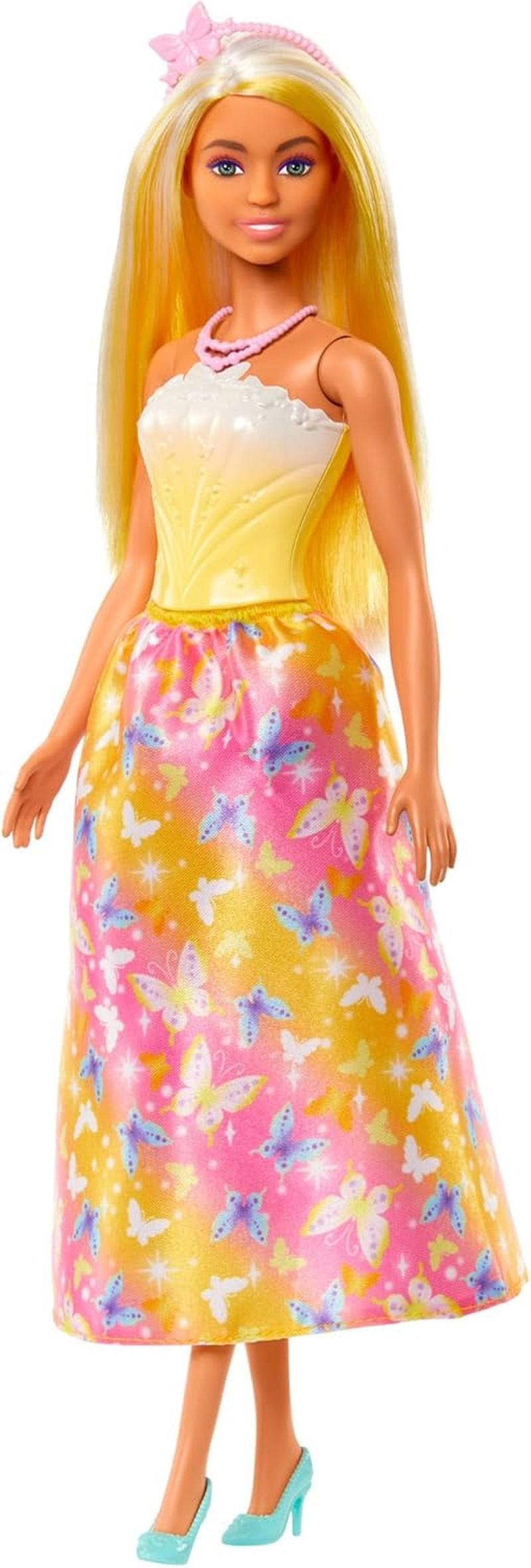 Královská panenka Barbie s efektními vlasy s barevnými pramínky, barevné doplňky, přechodový žlutý top a motýlí sukně, HRR09 Naty Shop Dolls