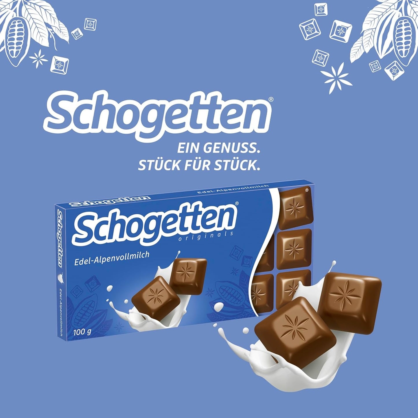 Schogetten Premium tyčinka z alpského mléka, 100g, jednotlivě porcovaná. Potěšení. Kousek po kousku.