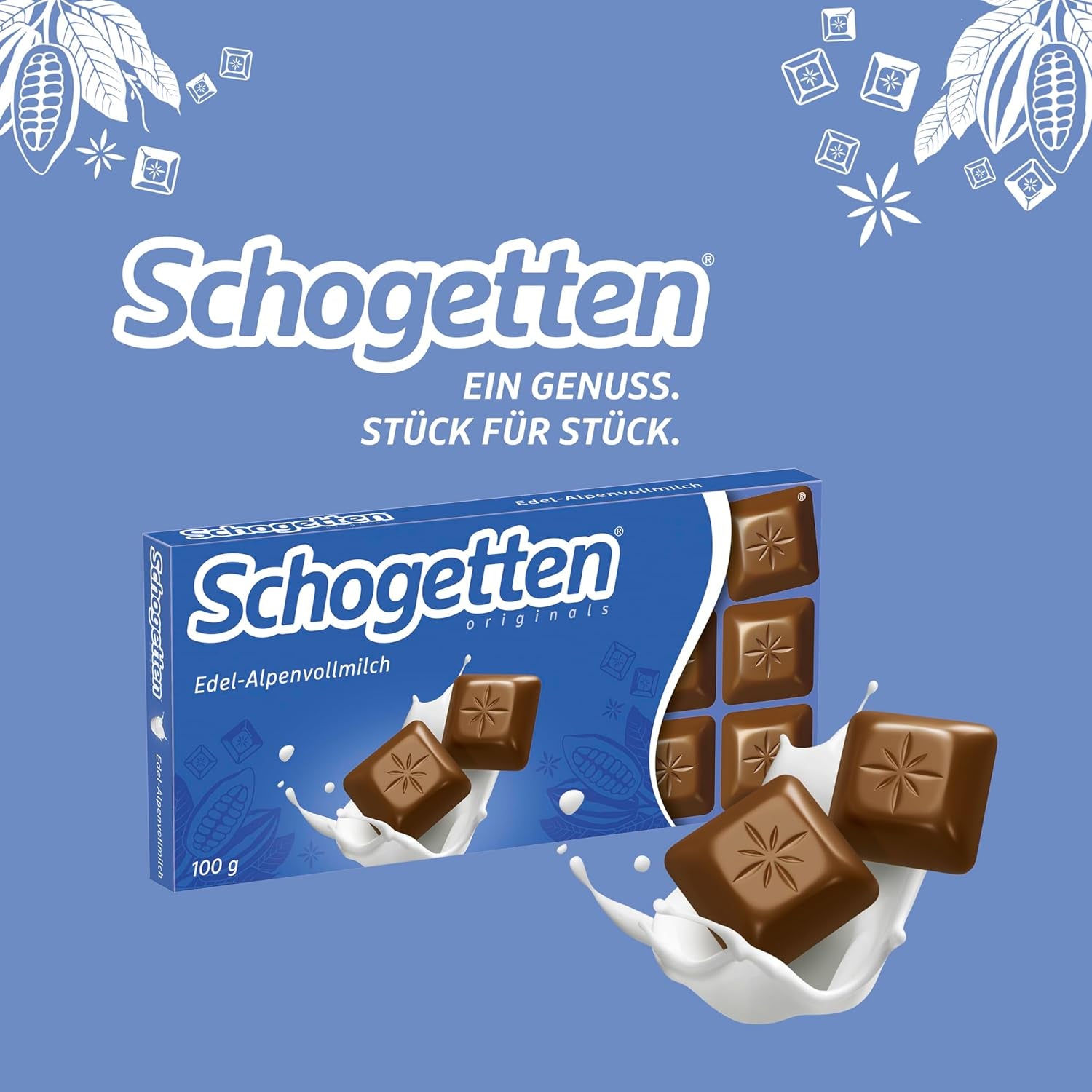 Schogetten Premium tyčinka z alpského mléka, 100g, jednotlivě porcovaná. Potěšení. Kousek po kousku.
