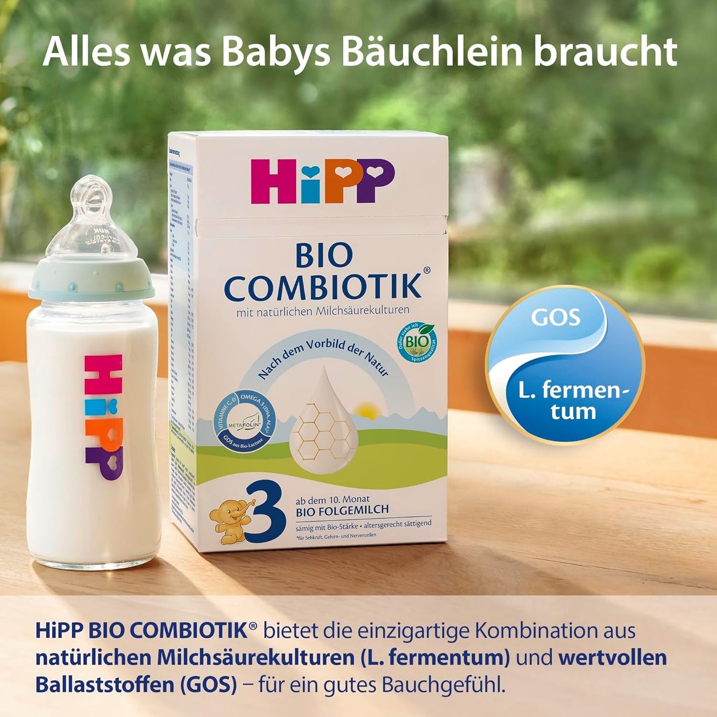 HiPP 3 Bio Combiotik (4 x 600g), pokračovací mléko od 10 měsíců, s přírodními kulturami kyseliny mléčné, vitamíny C a D, GOS, Omega-3 (DHA, ALA), nejlepší bio kvality