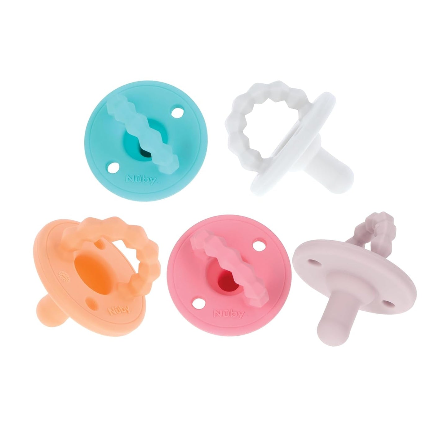 Nuby – Sada 5 ks měkkých silikonových ortodontických dudlíků a dudlíků | 3 modely pro den a noc | 2 modely, které svítí ve tmě | Bez BPA | Tvar podobný prsům | Na 18-36 měsíců