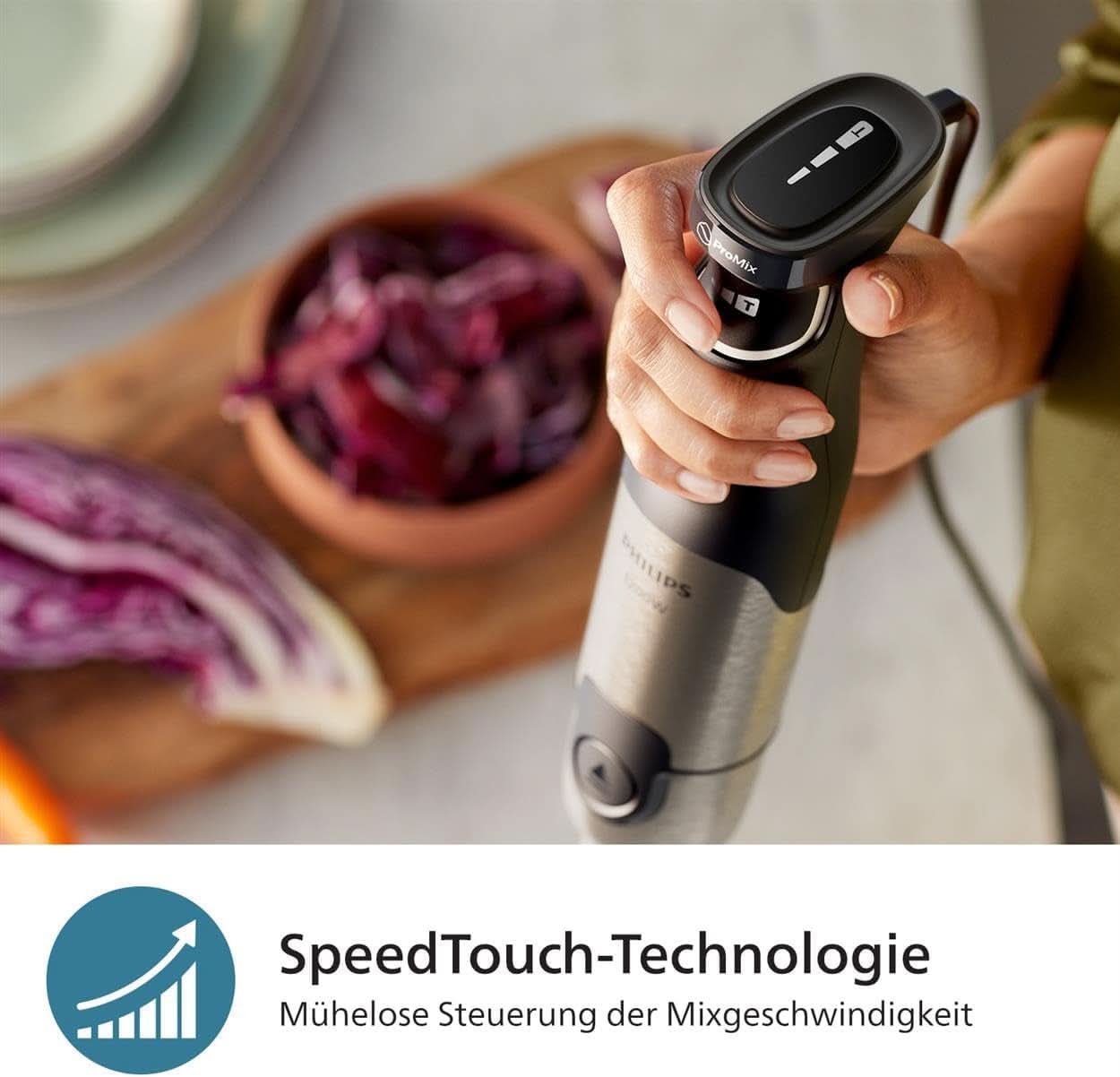 Stabmixér Philips řady 5000 - 1200W Leistung. Technologie Promix. Vedl Geschwindigkeitsanzeiger. Stufenlose Geschwindigkeitseinstellung. Kompaktní design. Leicht Zu Reinigen. Schwarz (HR2681/00) Kitchen Naty Shop