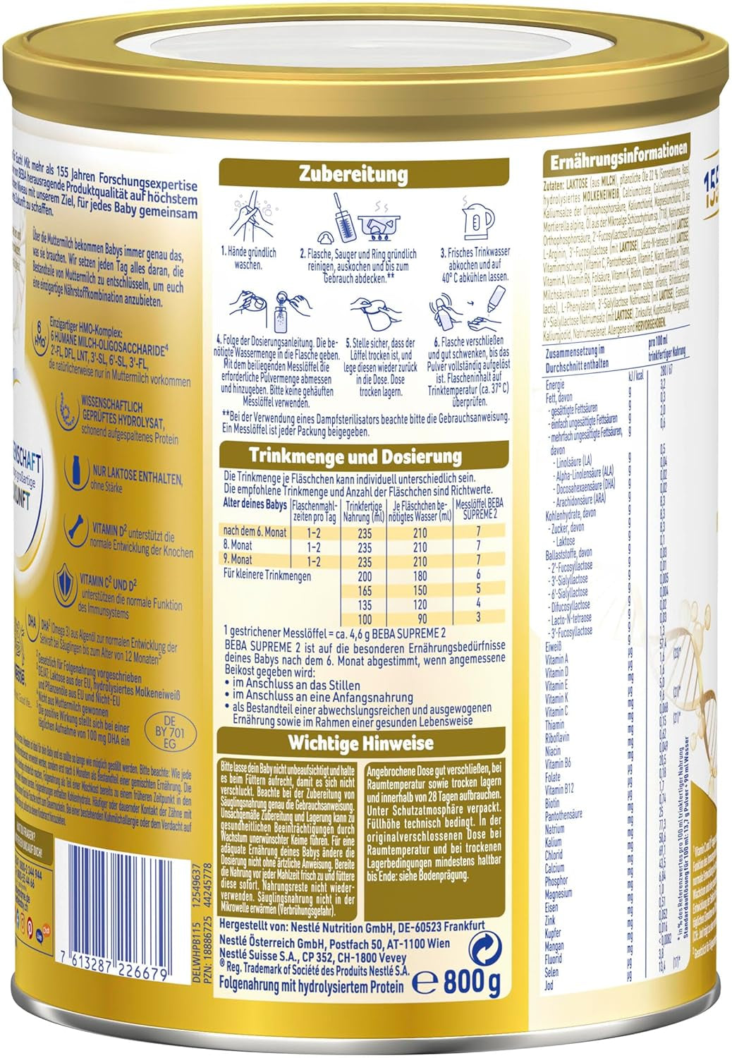 BEBA SUPREME 2 Pokračovací mléko po 6 měsících, pouze laktóza, bez palmového oleje, balení 6 ks (6 x 800 g) Naty Shop