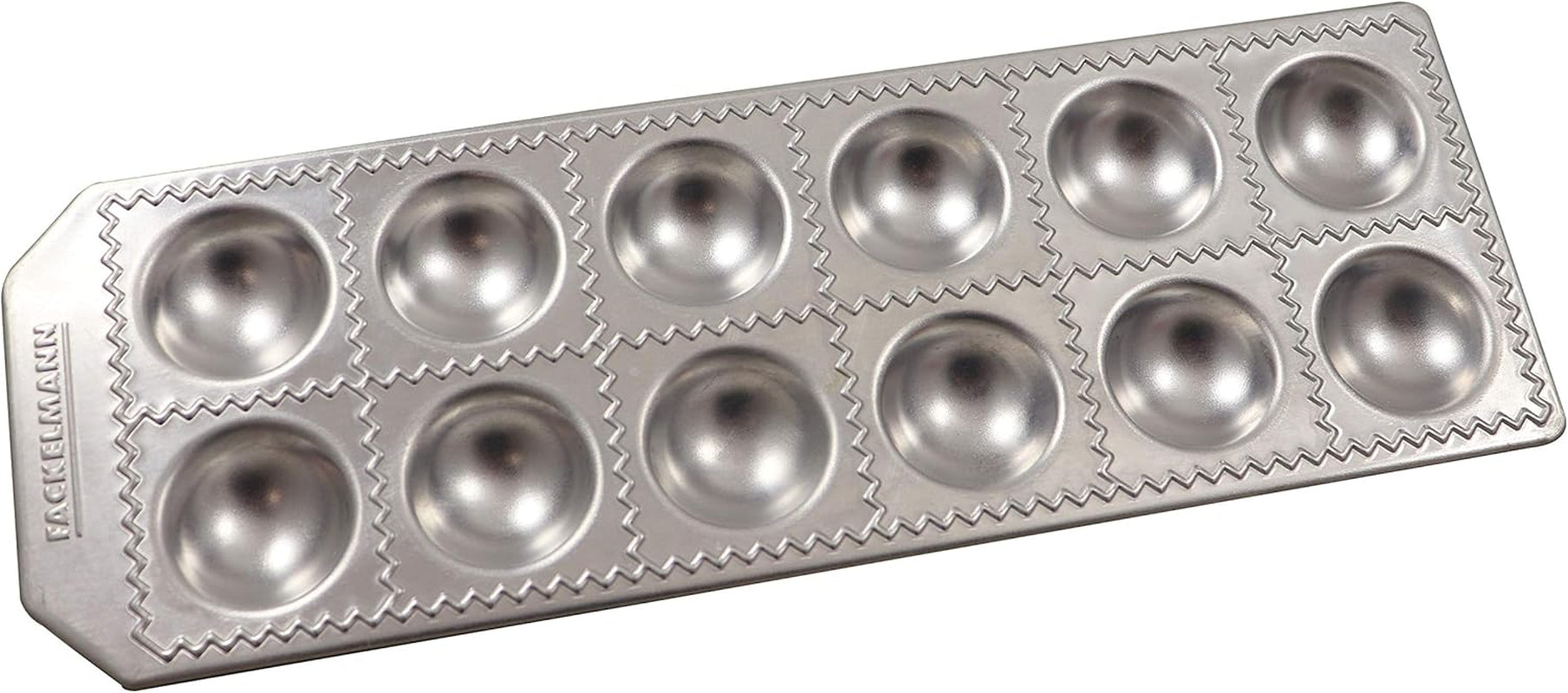 Fackelmann 40926 Domácí forma na ravioli, kulatý tvar, 12 dutin, 34 x 11,5 x 2 cm, Sybaris, (Barva: stříbrná), Množství: 1 kus, Hliník