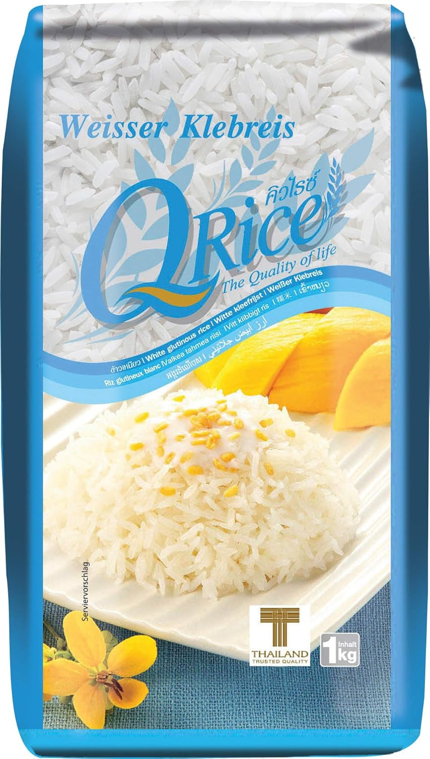 Q RÝŽE | Weißer Klebreis Langkorn z Thajska | Aromatisch mit klebriger Textur | Ideální na kari, sushi, mochi nebo rýžový nákyp 1 x 1 kg