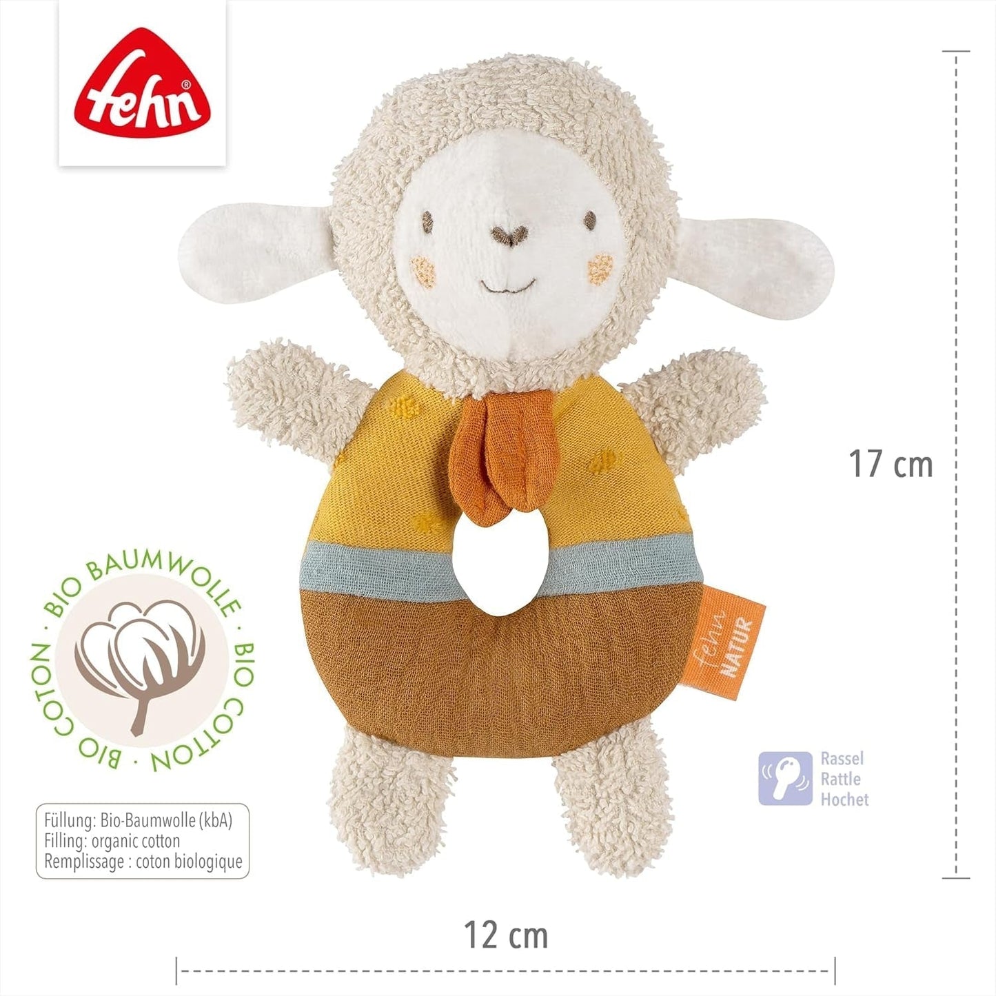 Fehn baby grip ring hračka ovečka fehnNATUR - plyšová hračka z bio bavlny - hračka pro miminko se zvonkem a hravá hračka na učení - hračka na uchopení pro miminka a batolata od 0+ měsíců Baby Toys Naty Shop