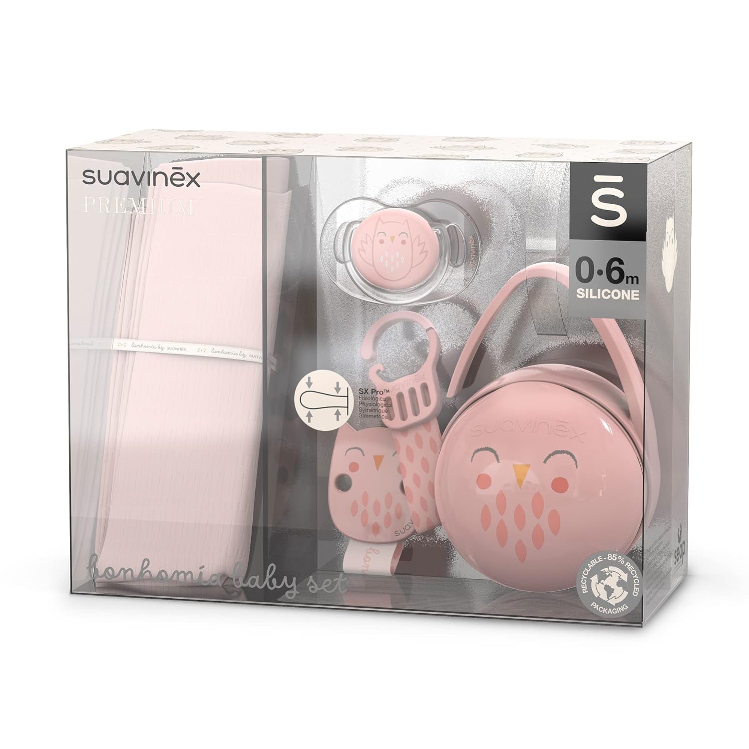 Dárková sada Suavinex pro novorozence. 4dílná sada obsahuje: Dudlík Physiological SX Pro pro miminka 0-6 měsíců + držák na dudlík + kryt dudlíku Duo + silikonový kousací kroužek. říše divů, béžová