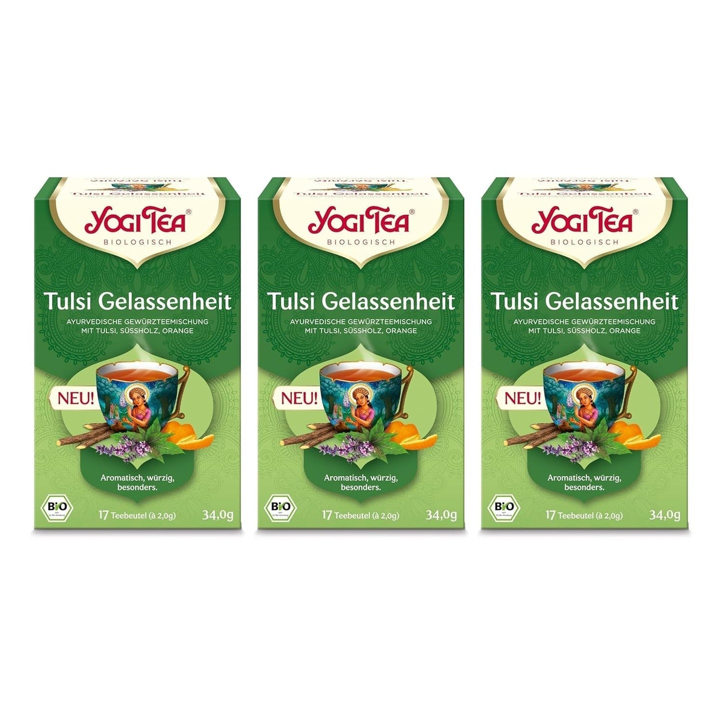 Yogi Tea - Tulsi Serenity Organický bylinný ajurvédský čaj Přírodní Tulsi směs bez kofeinu "Svatá" Bazalka Lékořice & Pomeranč Yogi Tea 3 balení 3 x 17 čajových sáčků (51 čajových sáčků)