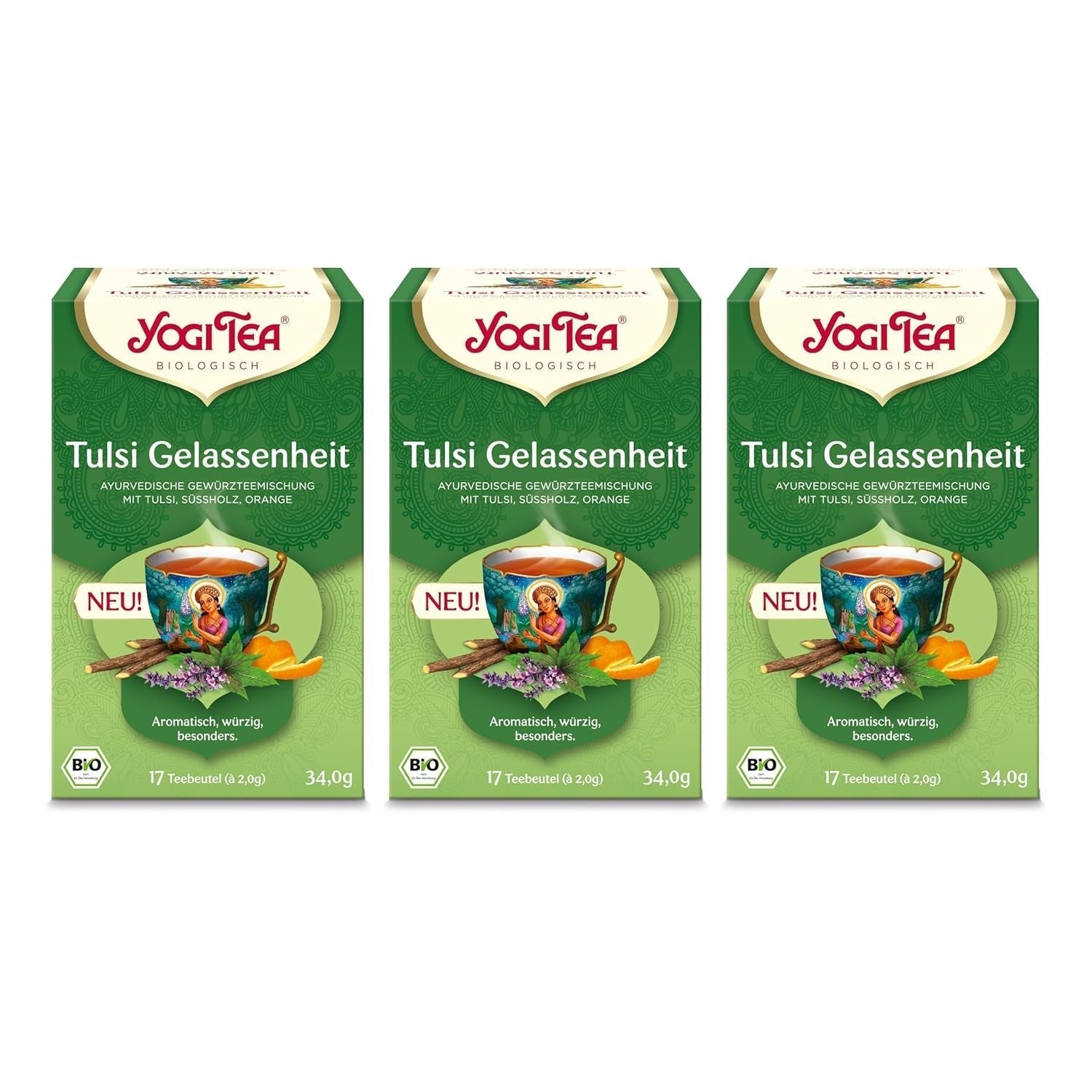 Yogi Tea - Tulsi Serenity Organický bylinný ajurvédský čaj Přírodní Tulsi směs bez kofeinu "Svatá" Bazalka Lékořice & Pomeranč Yogi Tea 3 balení 3 x 17 čajových sáčků (51 čajových sáčků)