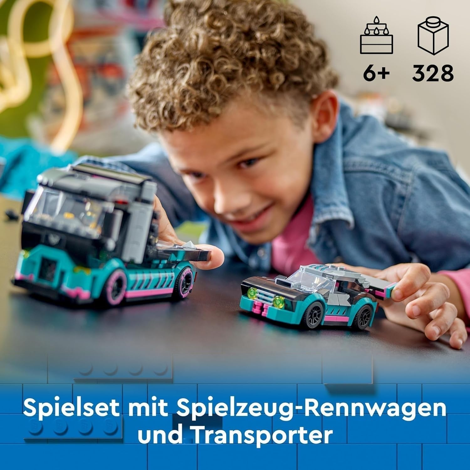 LEGO City Car Transporter se závodním autem, náklaďákem s nastavitelnou nakládací rampou a závodním autem, stavebnice se 2 minifigurkami, závodním jezdcem a řidičem kamionu, pro děti od 6 let 60406 Stavebnice Besuche den LEGO-Store